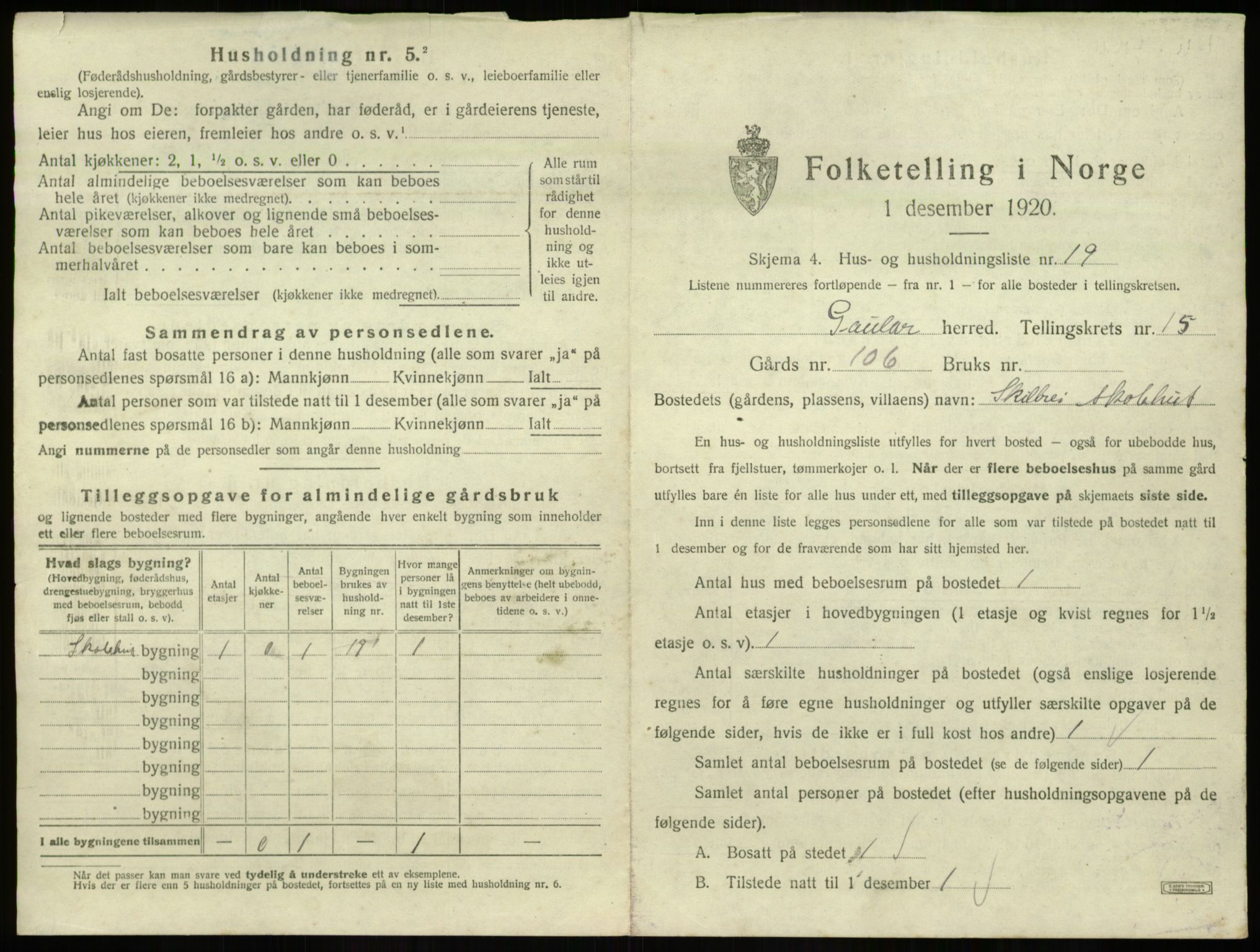 SAB, 1920 census for Gaular, 1920, p. 1102