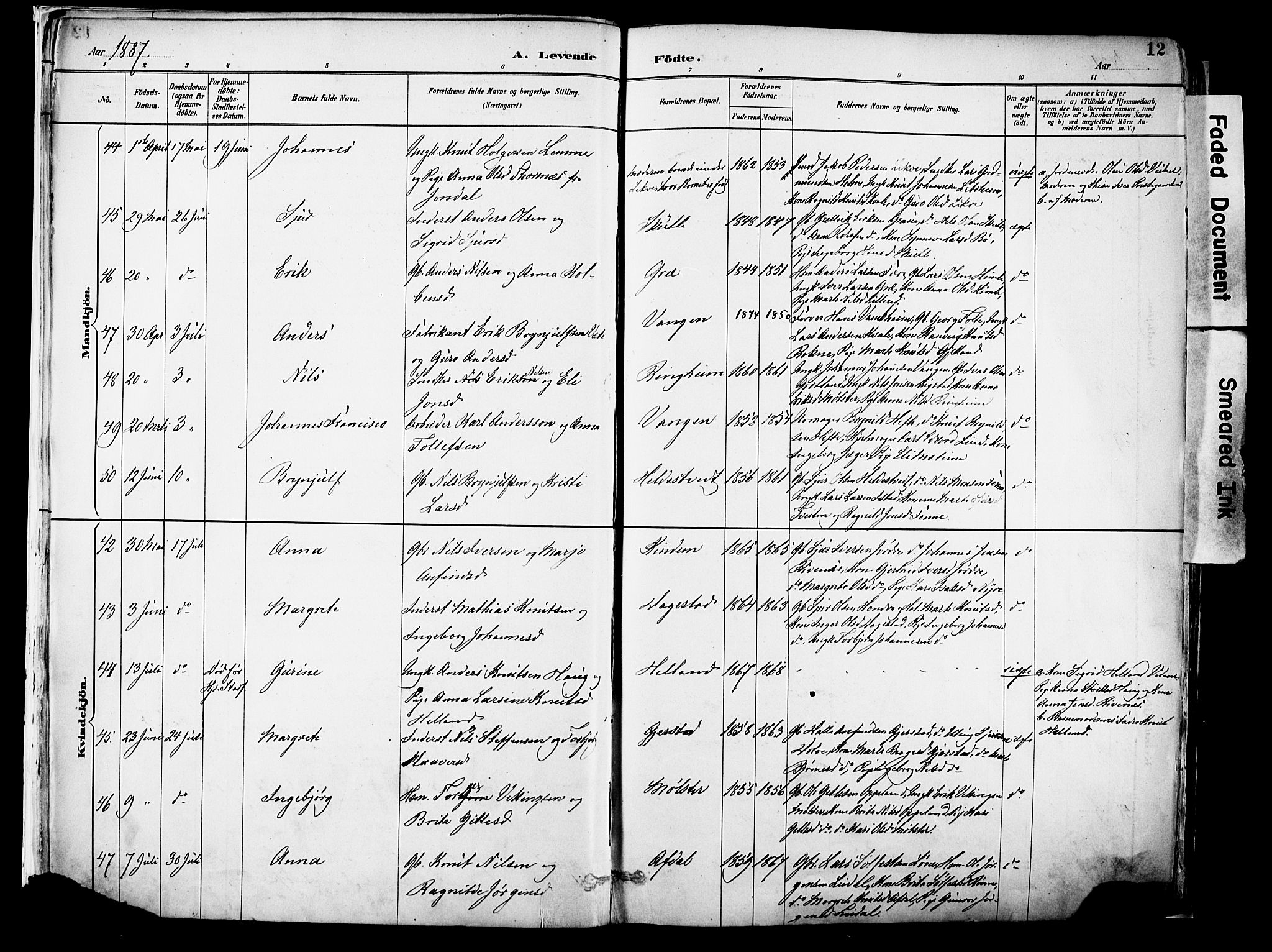 Voss sokneprestembete, AV/SAB-A-79001/H/Haa: Parish register (official) no. A 21, 1887-1903, p. 12
