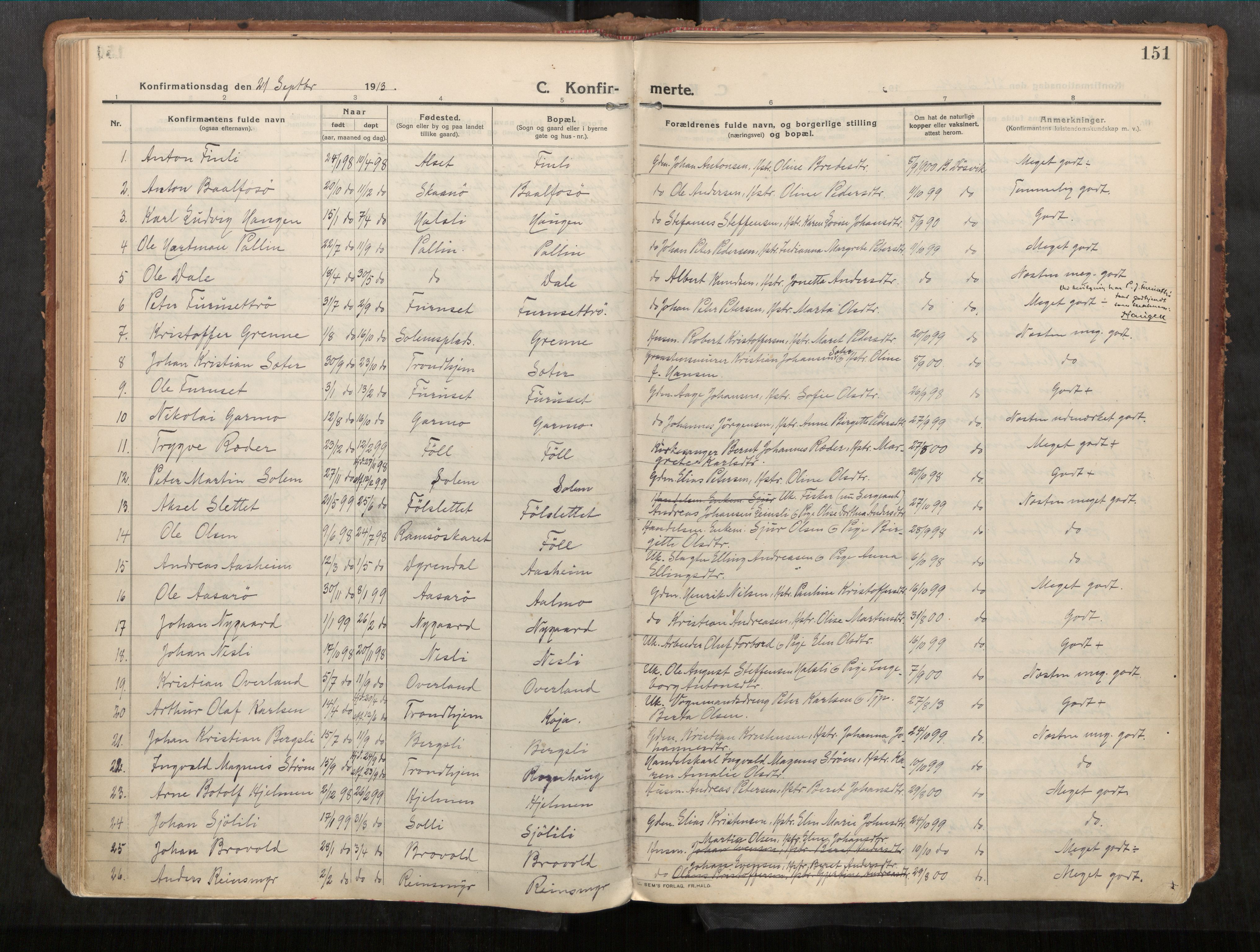 Stadsbygd sokneprestkontor, SAT/A-1117/1/I/I1/I1a/L0001: Parish register (official) no. 1, 1911-1929, p. 151