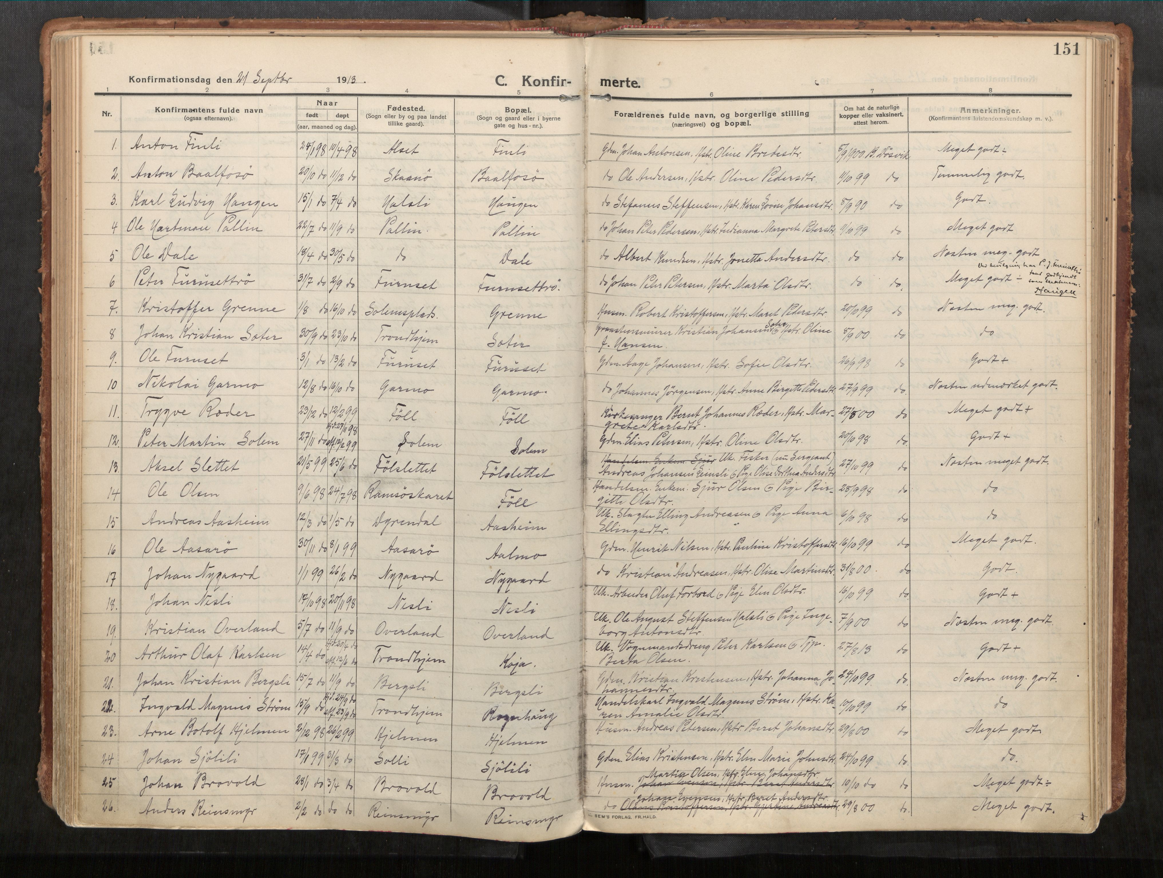 Stadsbygd sokneprestkontor, AV/SAT-A-1117/1/I/I1/I1a/L0001: Parish register (official) no. 1, 1911-1929, p. 151
