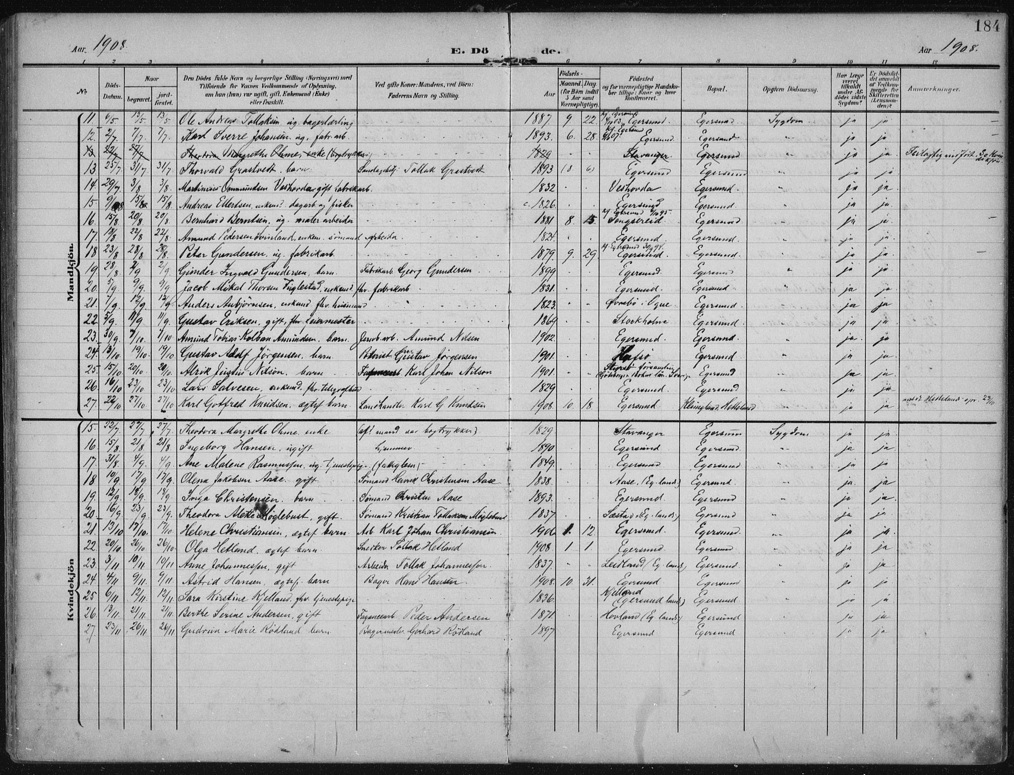 Eigersund sokneprestkontor, AV/SAST-A-101807/S08/L0022: Parish register (official) no. A 21, 1905-1928, p. 184