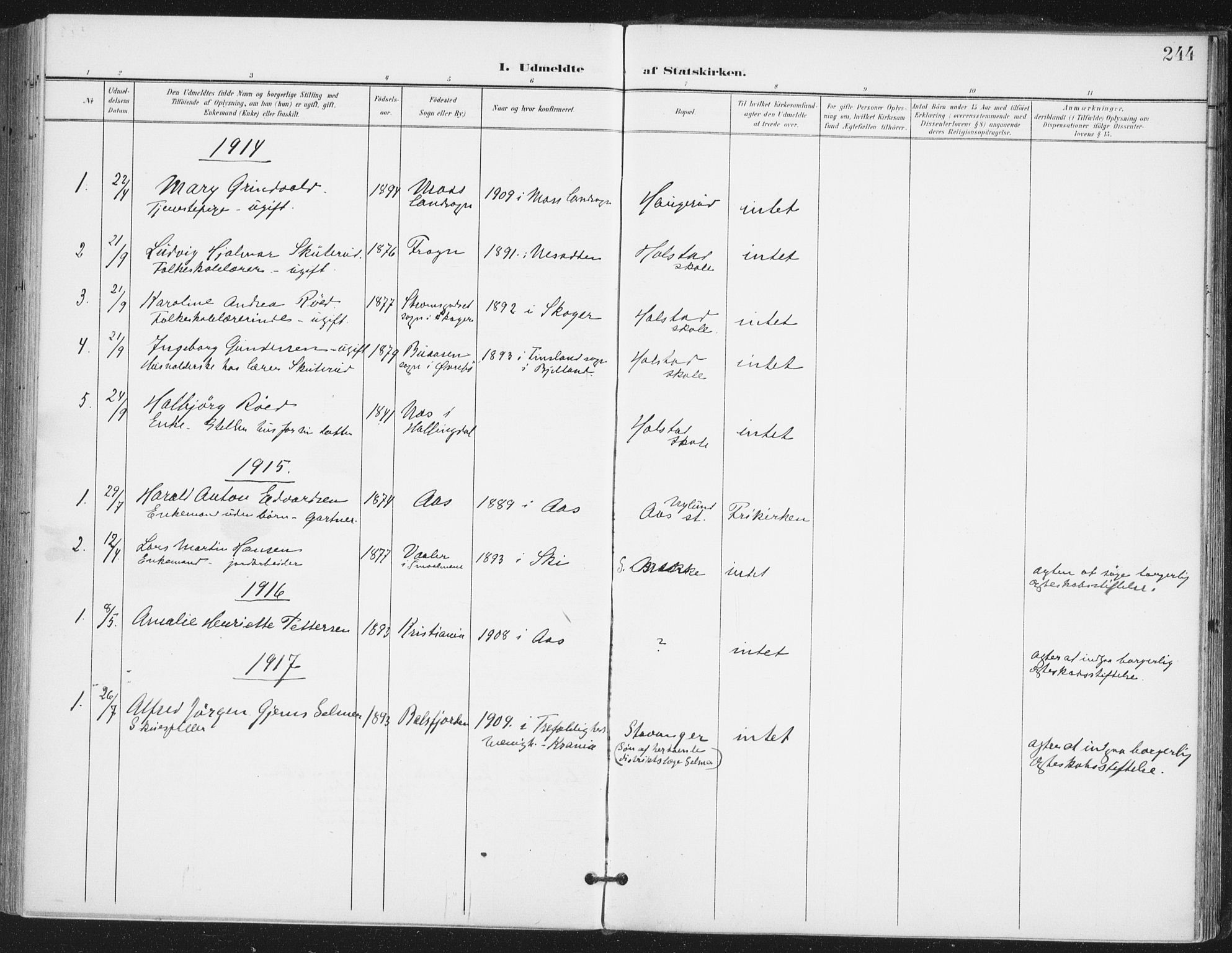 Ås prestekontor Kirkebøker, SAO/A-10894/F/Fa/L0010: Parish register (official) no. I 10, 1900-1918, p. 244