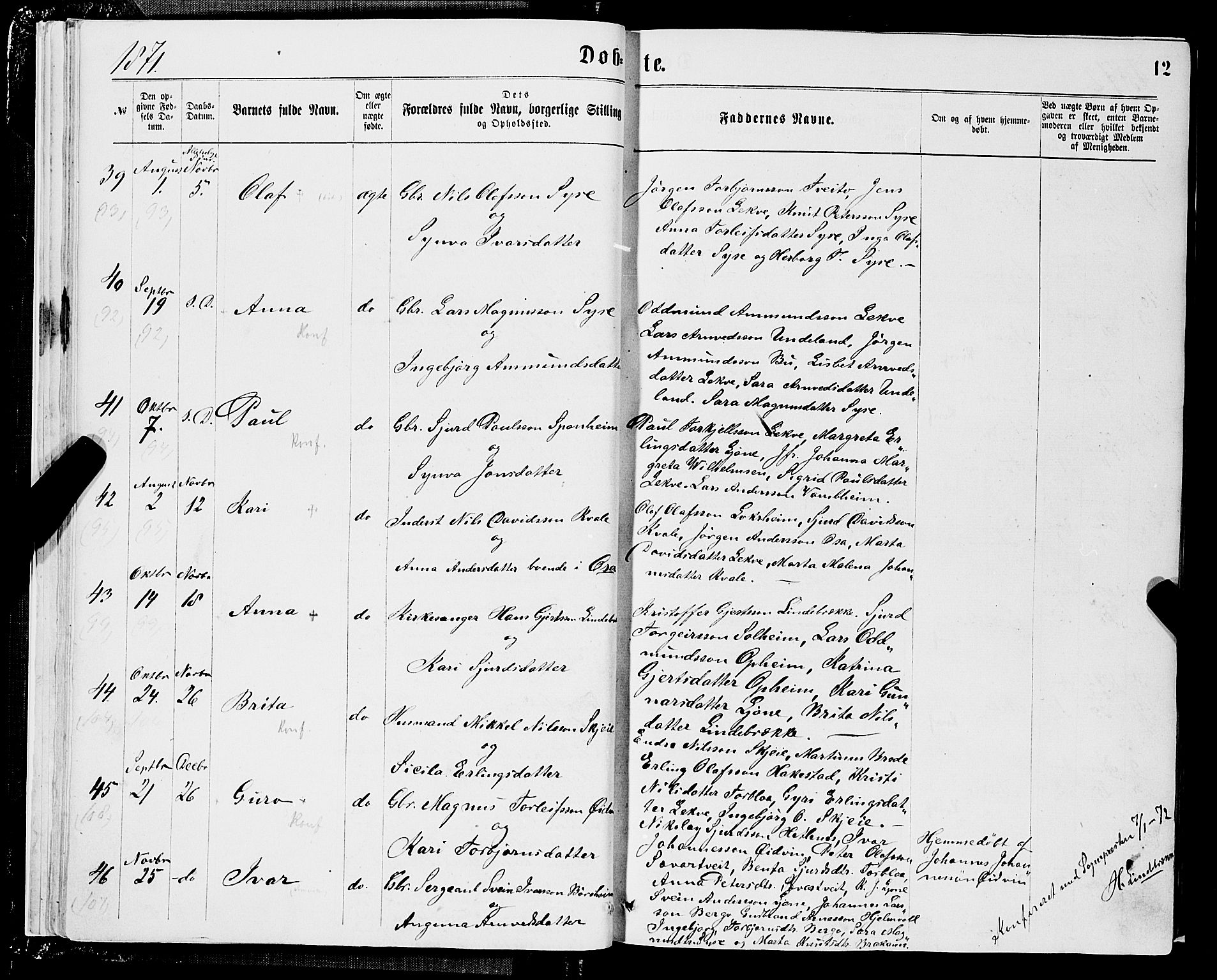 Ulvik sokneprestembete, SAB/A-78801/H/Hab: Parish register (copy) no. A 2, 1869-1882, p. 12