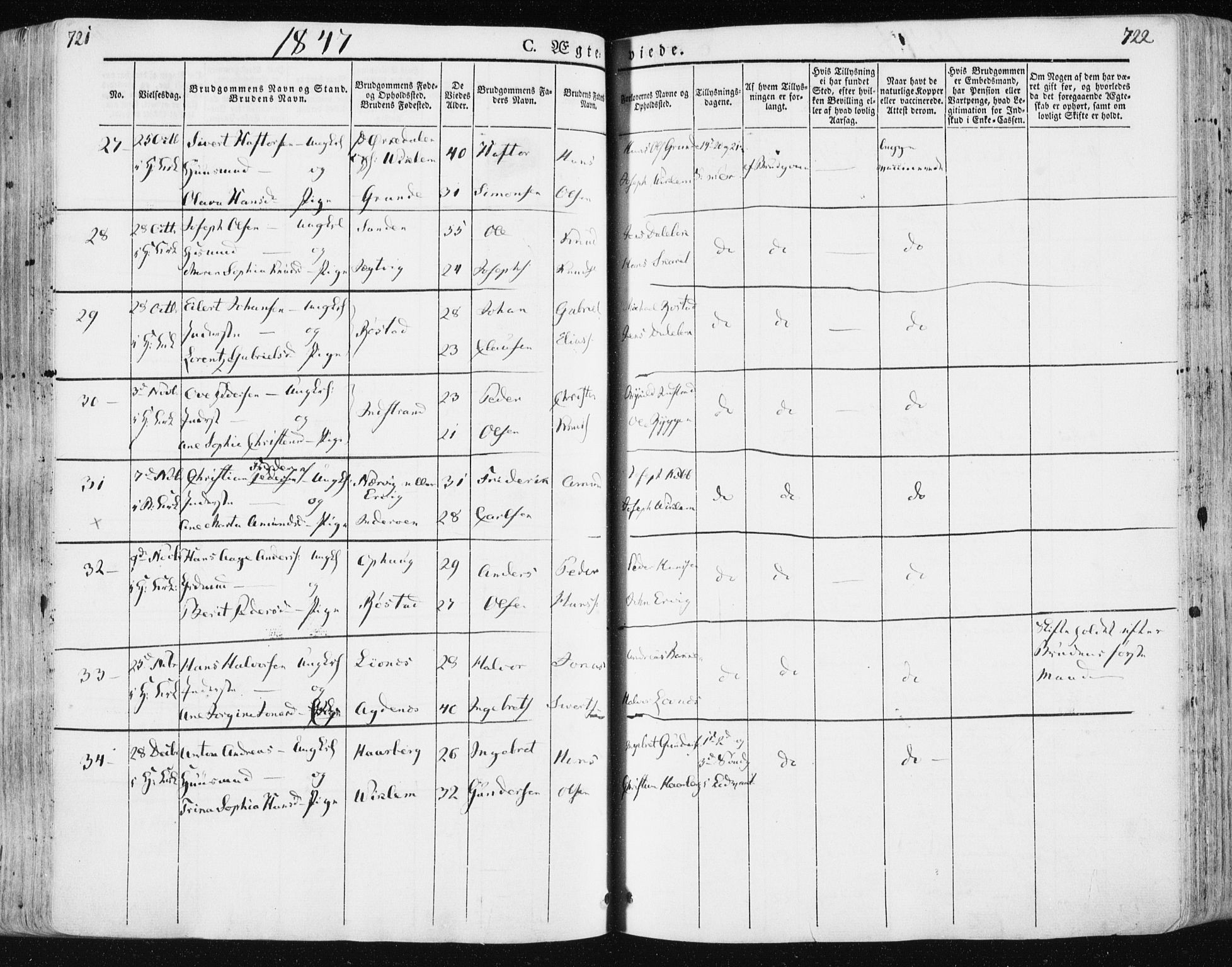 Ministerialprotokoller, klokkerbøker og fødselsregistre - Sør-Trøndelag, SAT/A-1456/659/L0736: Parish register (official) no. 659A06, 1842-1856, p. 721-722