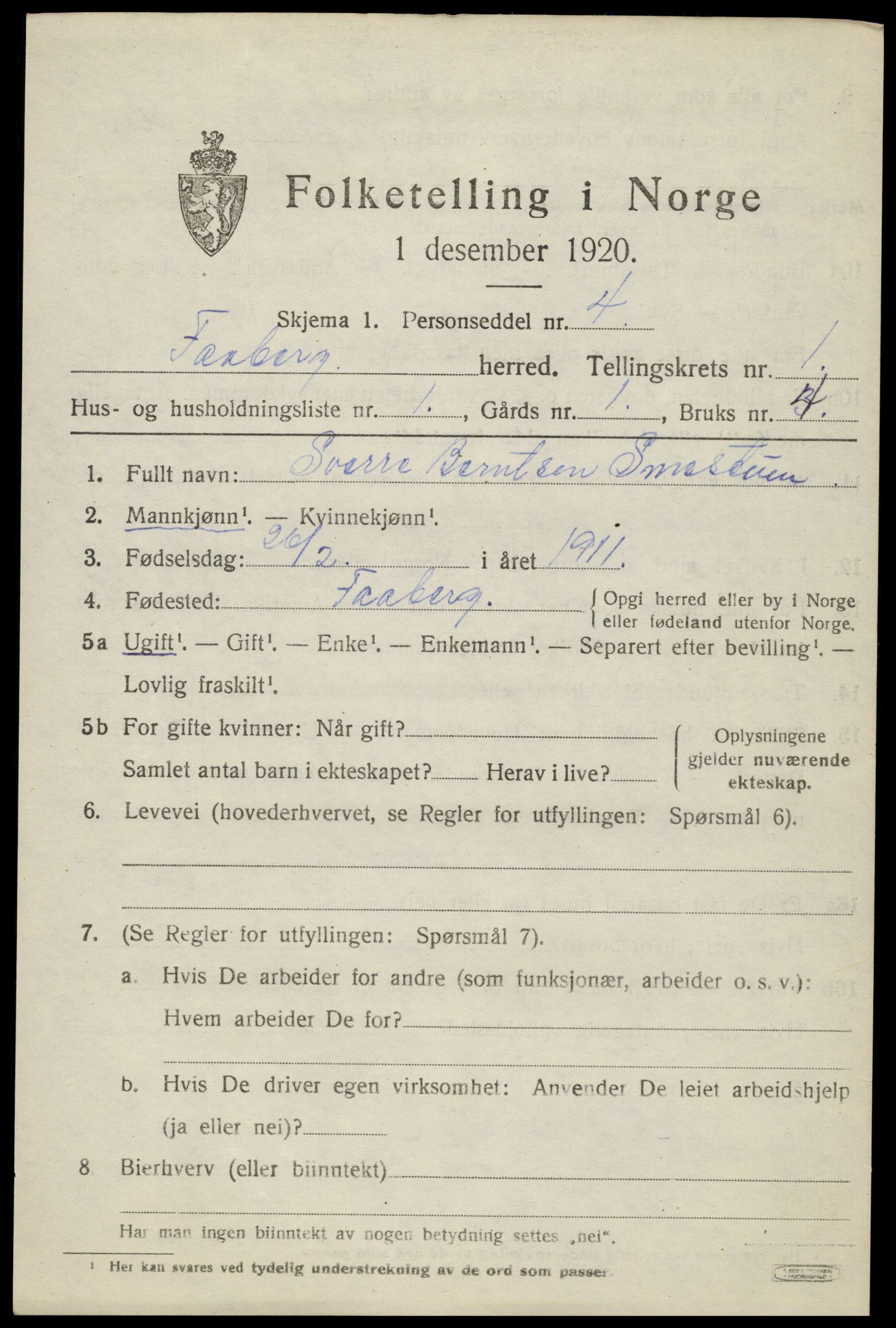 SAH, 1920 census for Fåberg, 1920, p. 2242