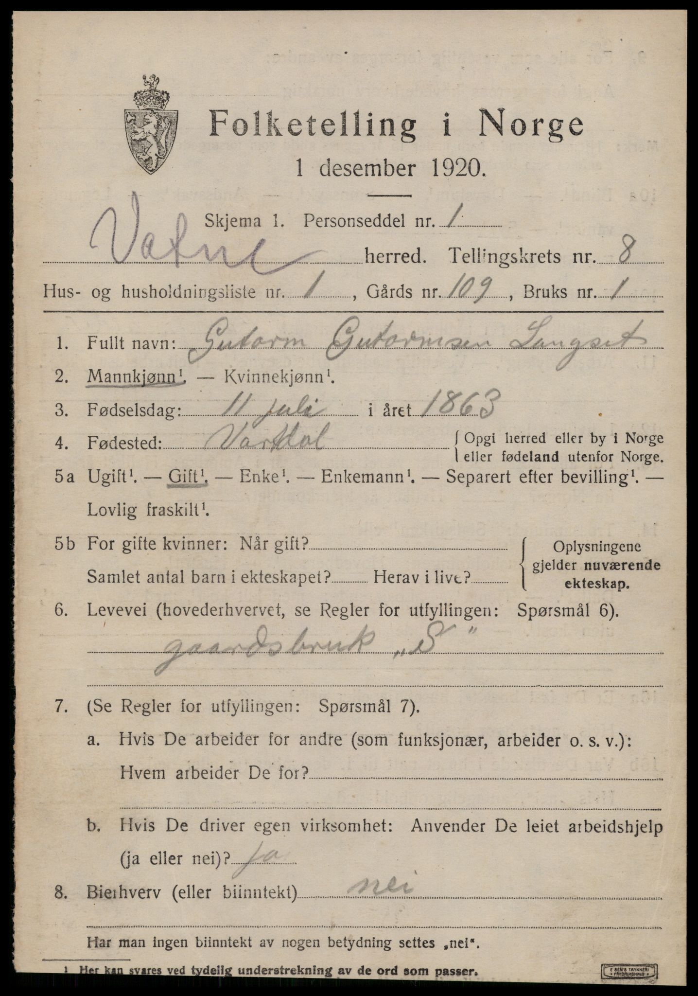 SAT, 1920 census for Vatne, 1920, p. 3334