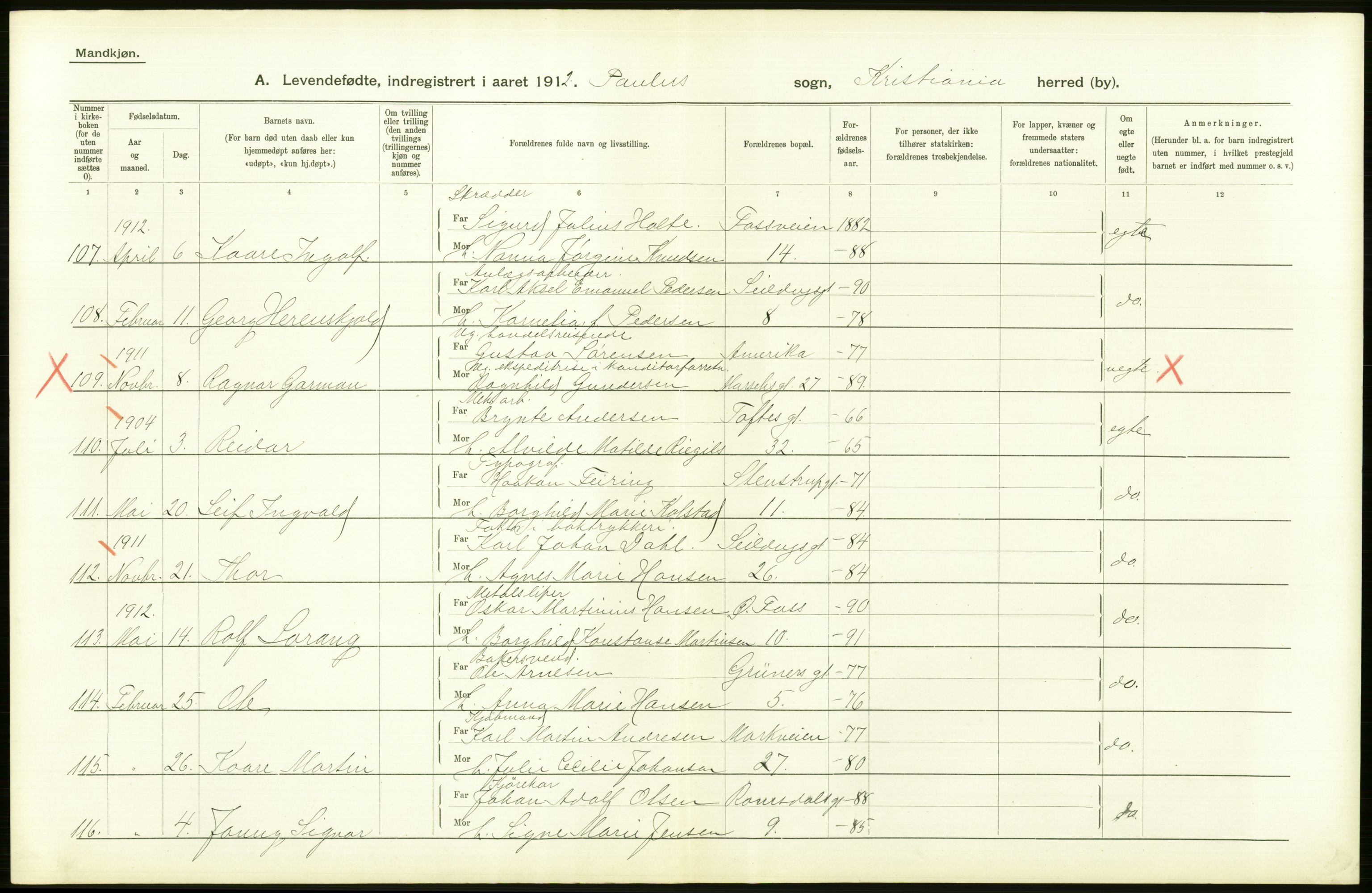 Statistisk sentralbyrå, Sosiodemografiske emner, Befolkning, AV/RA-S-2228/D/Df/Dfb/Dfbb/L0006: Kristiania:  Levendefødte menn og kvinner., 1912, p. 188