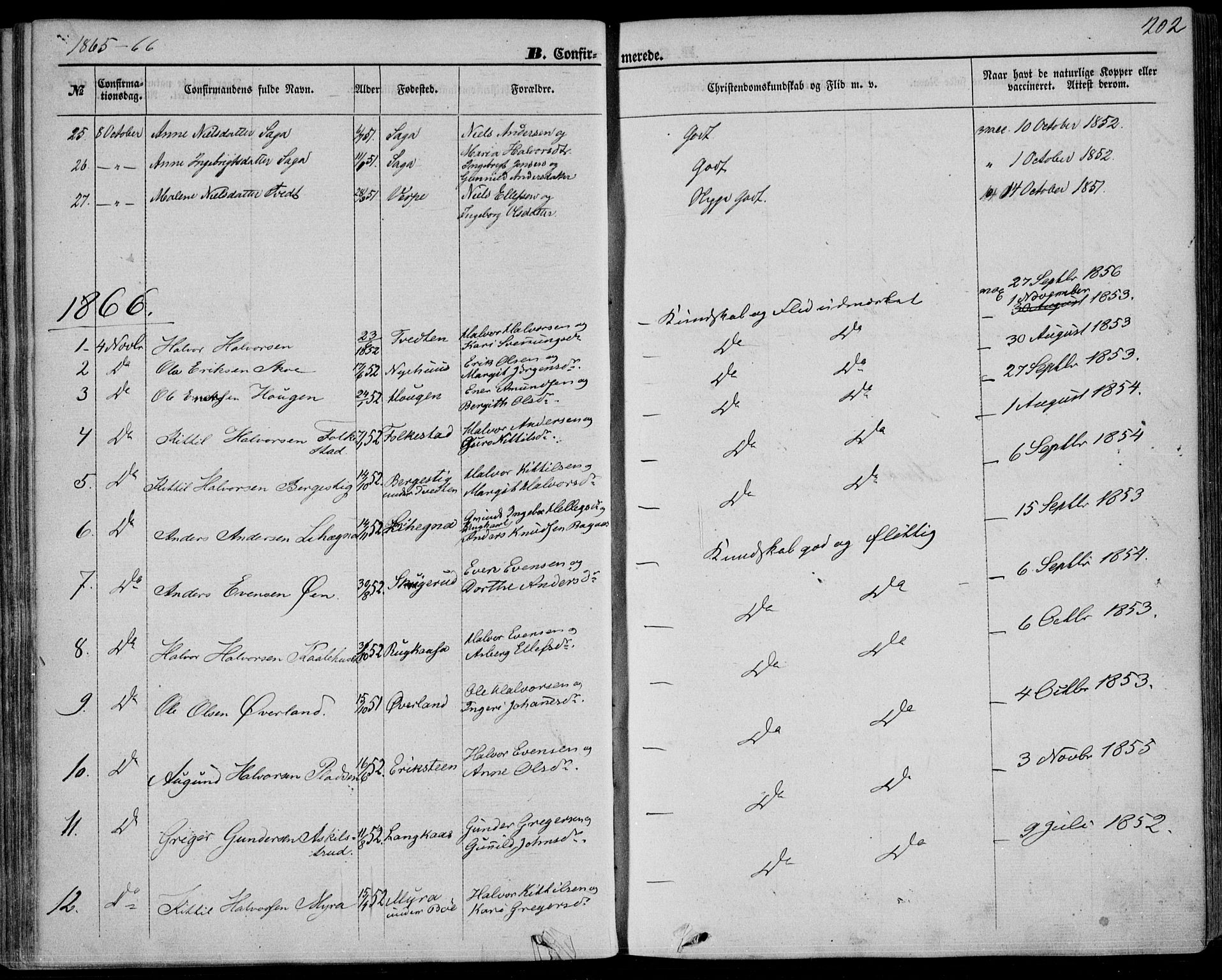 Bø kirkebøker, AV/SAKO-A-257/F/Fa/L0009: Parish register (official) no. 9, 1862-1879, p. 202