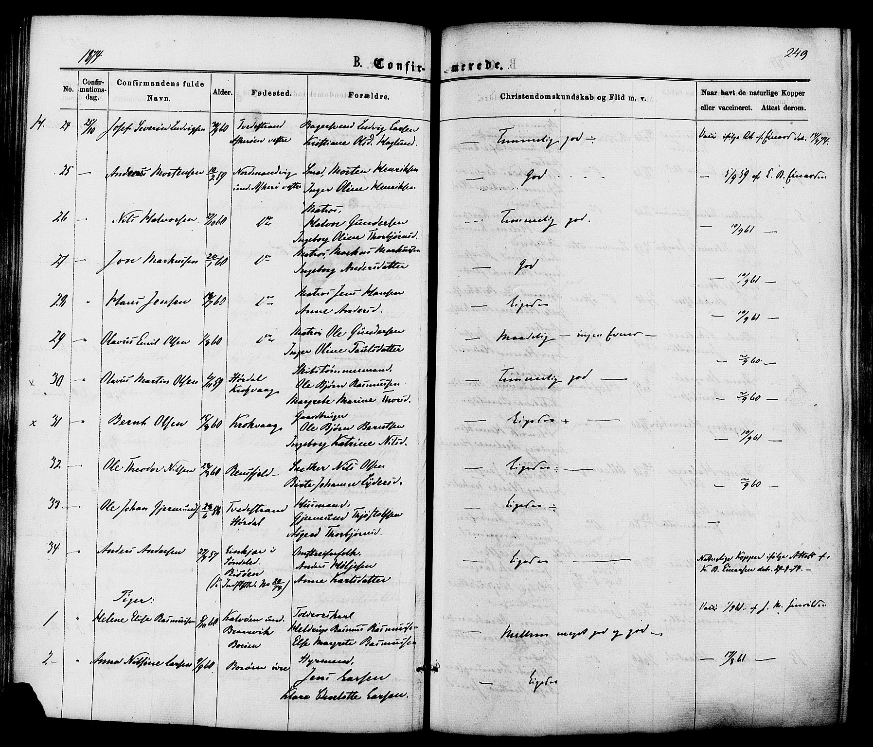 Dypvåg sokneprestkontor, AV/SAK-1111-0007/F/Fa/Faa/L0007: Parish register (official) no. A 7/ 1, 1872-1884, p. 249
