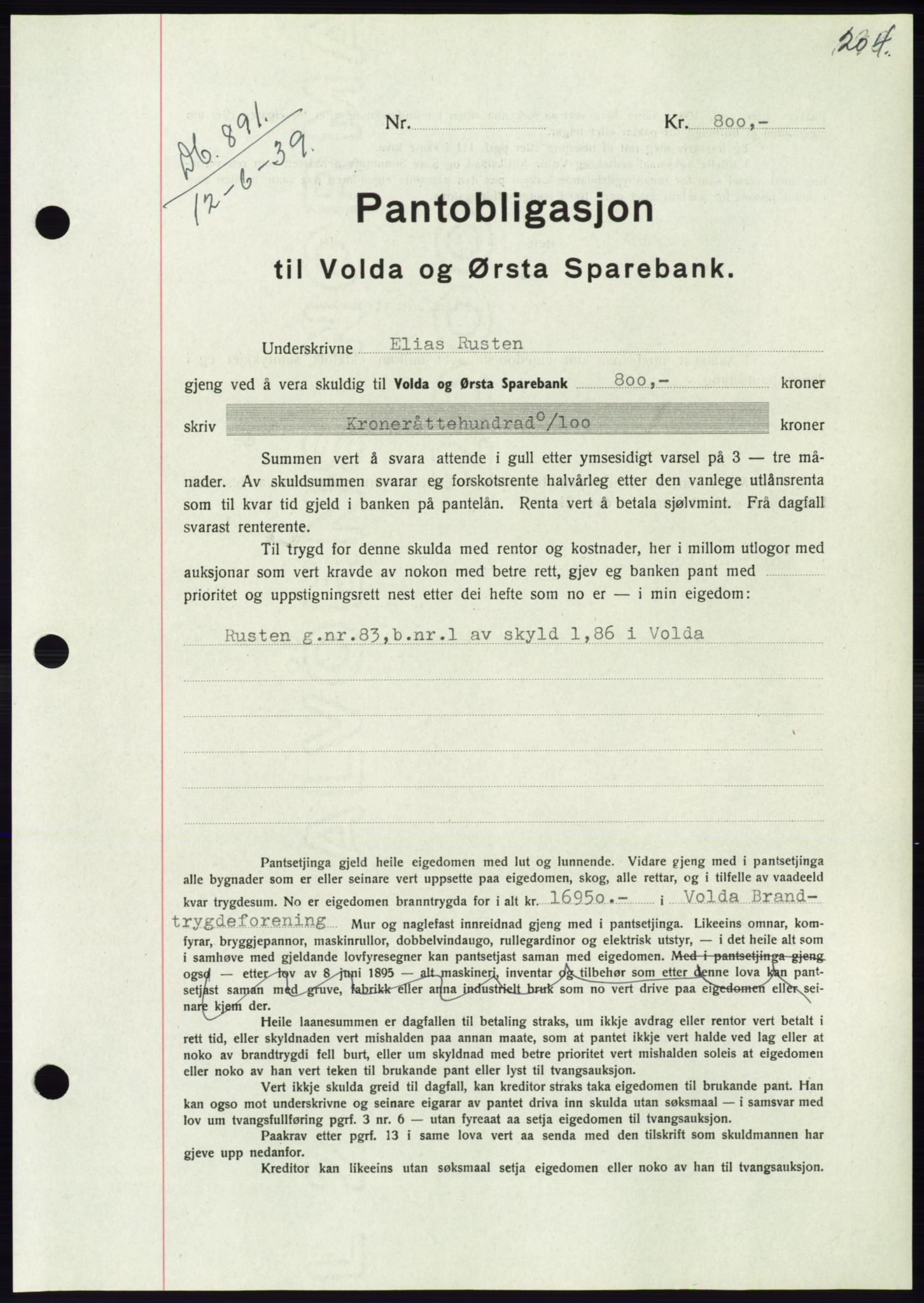 Søre Sunnmøre sorenskriveri, AV/SAT-A-4122/1/2/2C/L0068: Mortgage book no. 62, 1939-1939, Diary no: : 891/1939