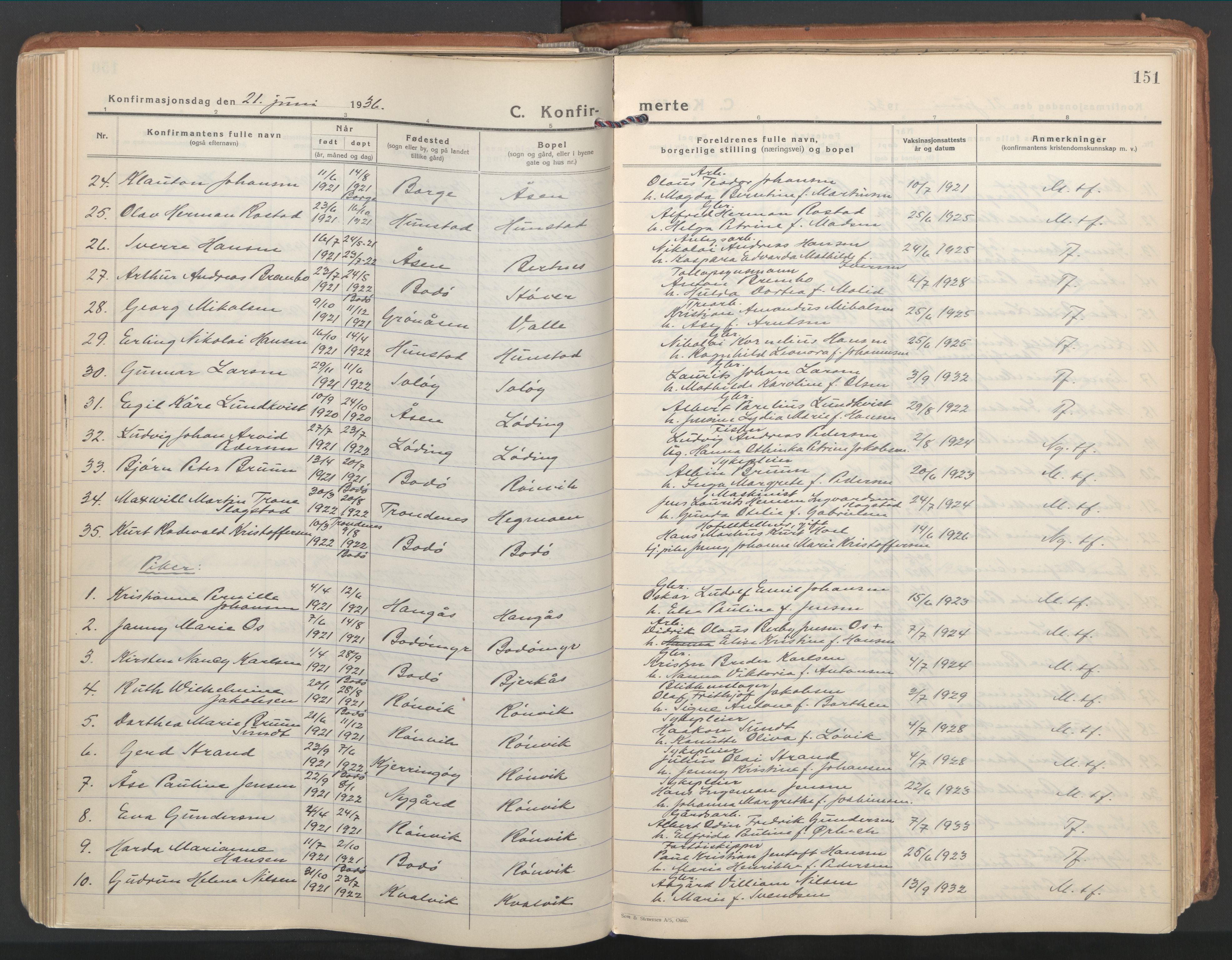 Ministerialprotokoller, klokkerbøker og fødselsregistre - Nordland, SAT/A-1459/802/L0061: Parish register (official) no. 802A08, 1933-1946, p. 151