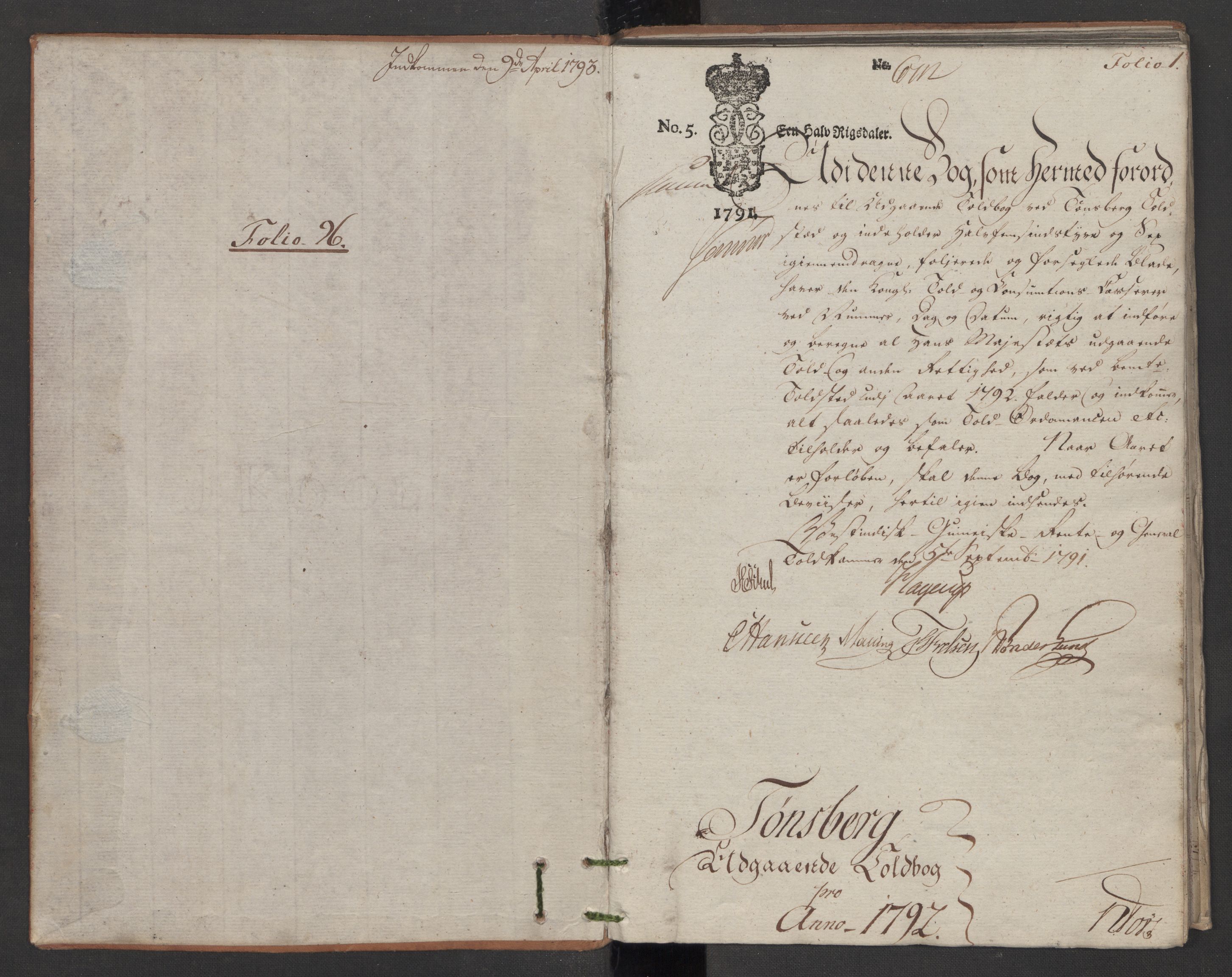 Generaltollkammeret, tollregnskaper, RA/EA-5490/R10/L0054/0002: Tollregnskaper Tønsberg / Utgående tollbok, 1790-1792, p. 1a