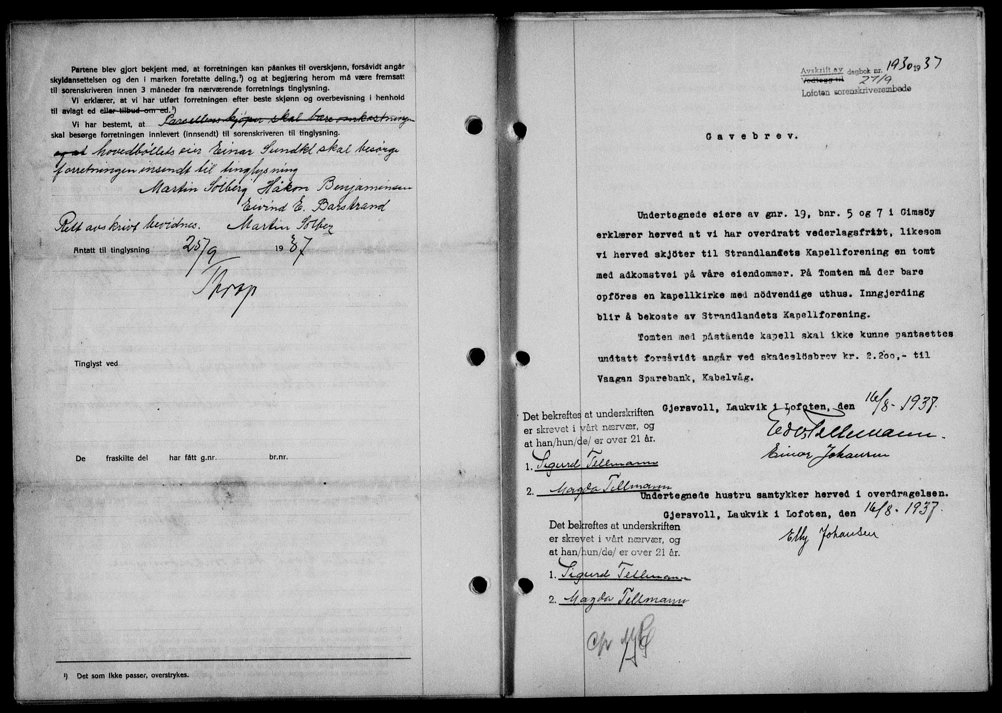 Lofoten sorenskriveri, SAT/A-0017/1/2/2C/L0002a: Mortgage book no. 2a, 1937-1937, Diary no: : 1930/1937