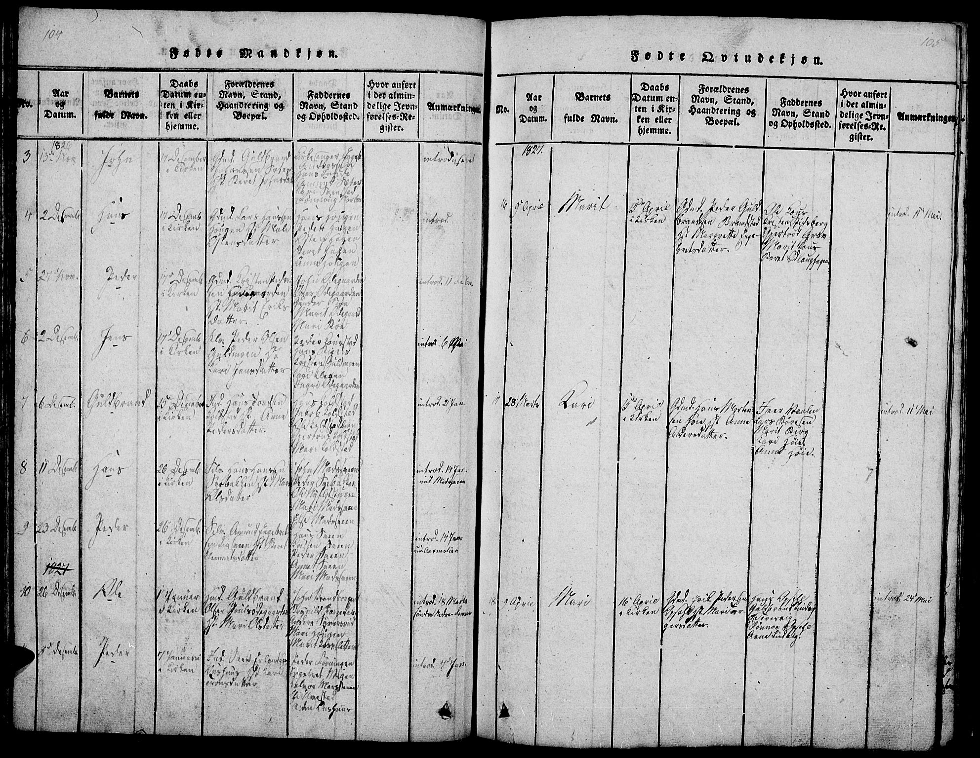 Ringebu prestekontor, SAH/PREST-082/H/Ha/Hab/L0001: Parish register (copy) no. 1, 1821-1839, p. 104-105