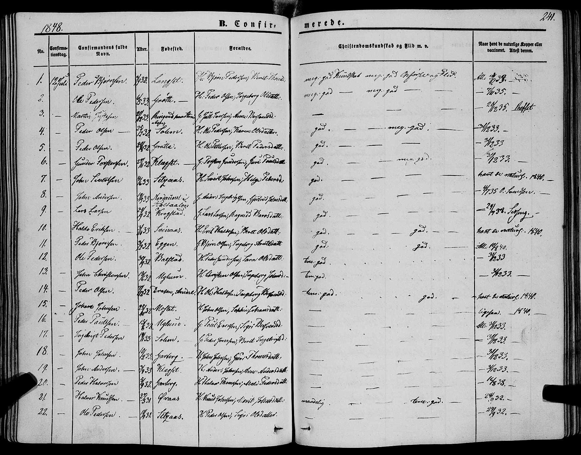 Ministerialprotokoller, klokkerbøker og fødselsregistre - Sør-Trøndelag, AV/SAT-A-1456/695/L1145: Parish register (official) no. 695A06 /1, 1843-1859, p. 241