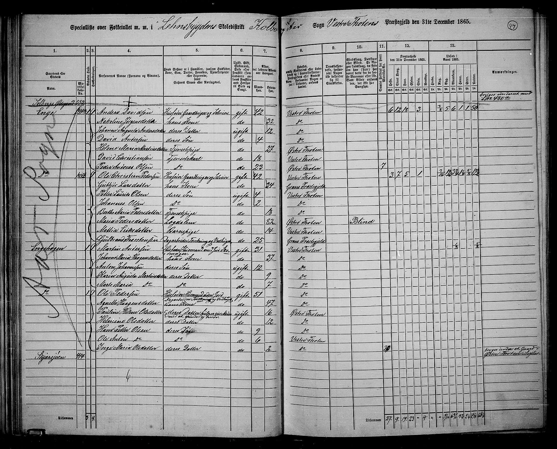 RA, 1865 census for Vestre Toten, 1865, p. 209