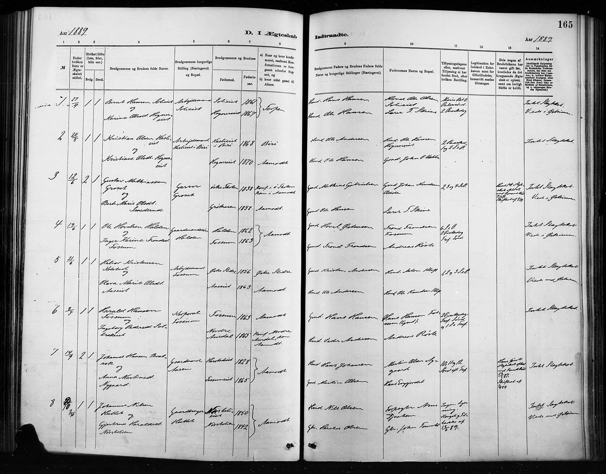 Nordre Land prestekontor, AV/SAH-PREST-124/H/Ha/Haa/L0004: Parish register (official) no. 4, 1882-1896, p. 165