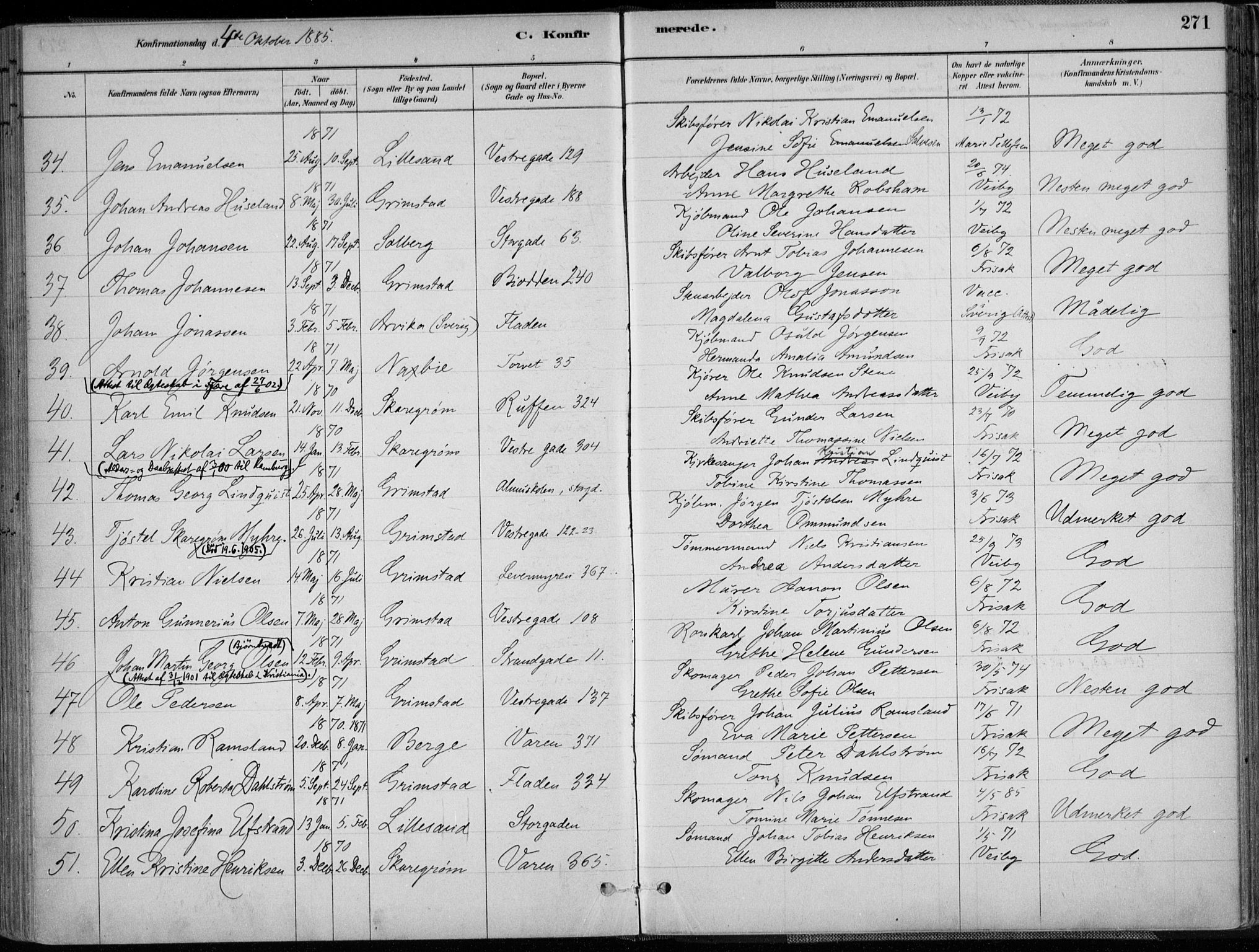 Grimstad sokneprestkontor, SAK/1111-0017/F/Fa/L0003: Parish register (official) no. A 2, 1882-1912, p. 271