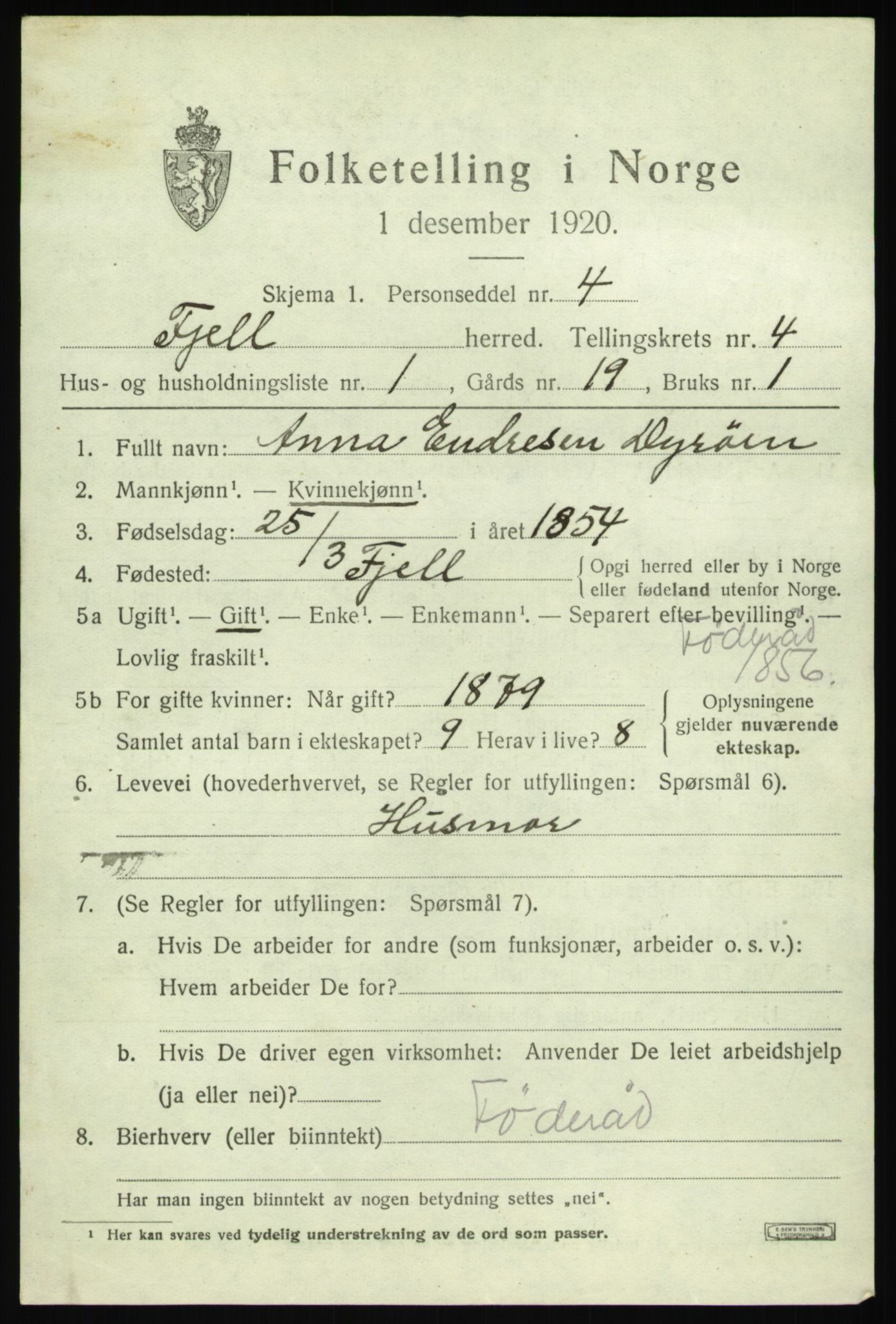 SAB, 1920 census for Fjell, 1920, p. 3688