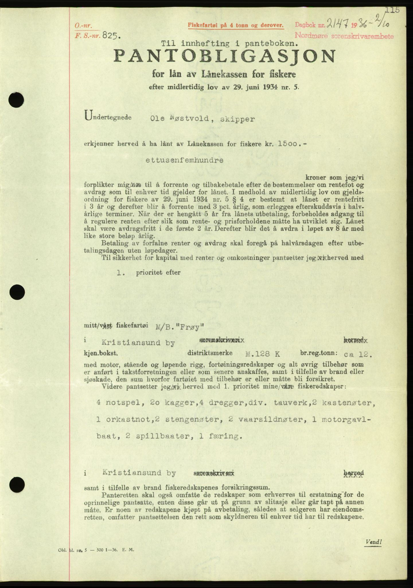 Nordmøre sorenskriveri, AV/SAT-A-4132/1/2/2Ca/L0090: Mortgage book no. B80, 1936-1937, Diary no: : 2147/1936