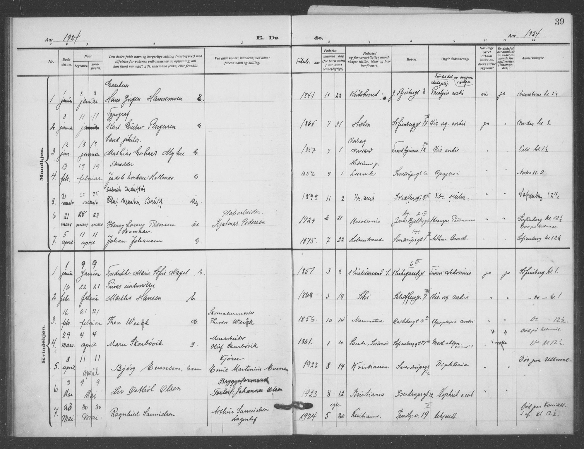 Matteus prestekontor Kirkebøker, AV/SAO-A-10870/F/Fa/L0004: Parish register (official) no. 4, 1917-1938, p. 39