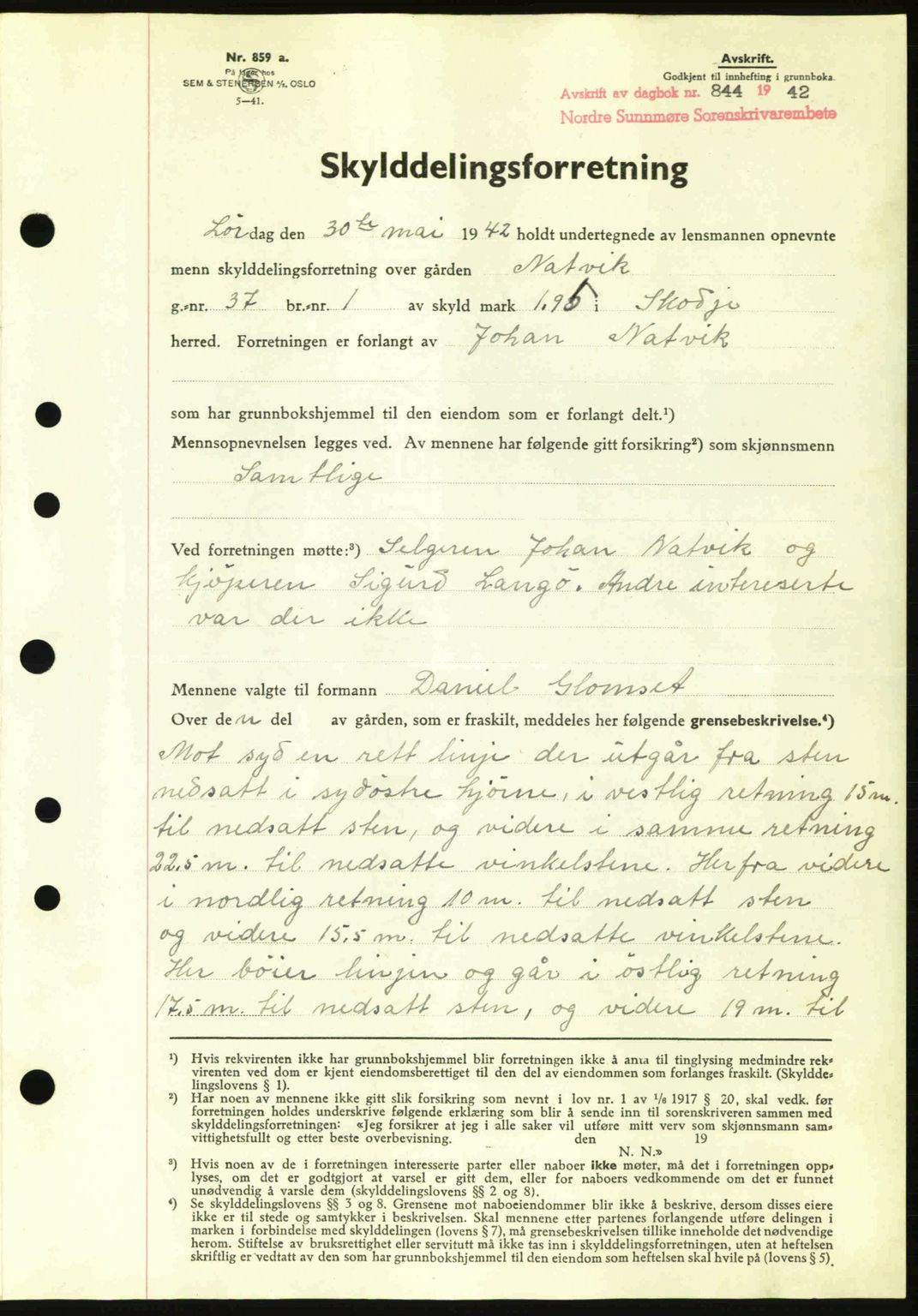 Nordre Sunnmøre sorenskriveri, AV/SAT-A-0006/1/2/2C/2Ca: Mortgage book no. A13, 1942-1942, Diary no: : 844/1942