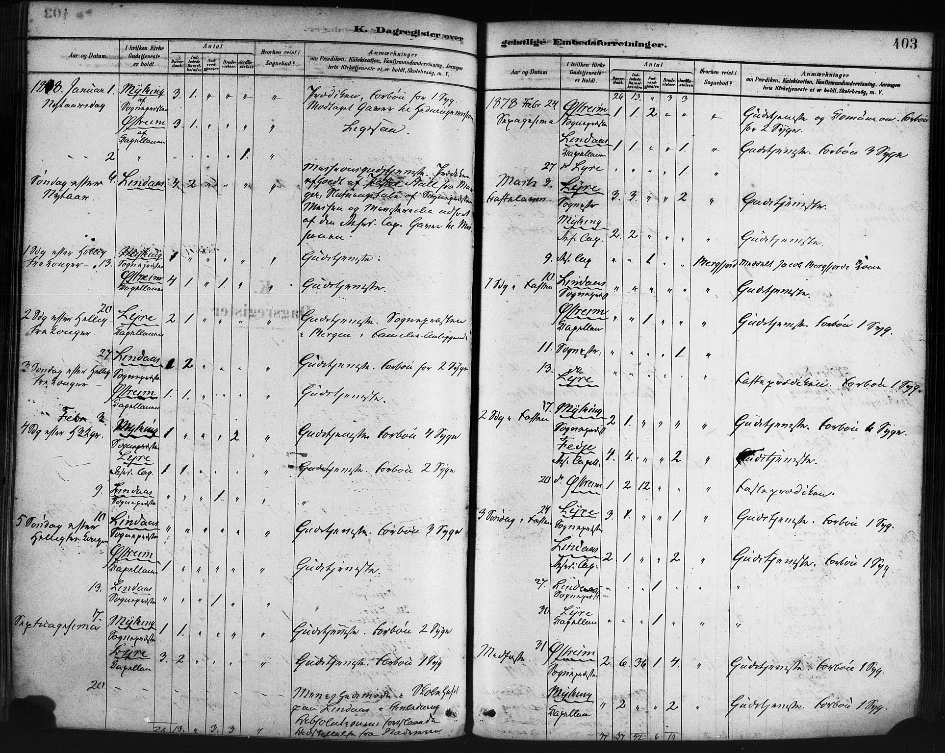 Lindås Sokneprestembete, SAB/A-76701/H/Haa: Parish register (official) no. A 19, 1878-1912, p. 403