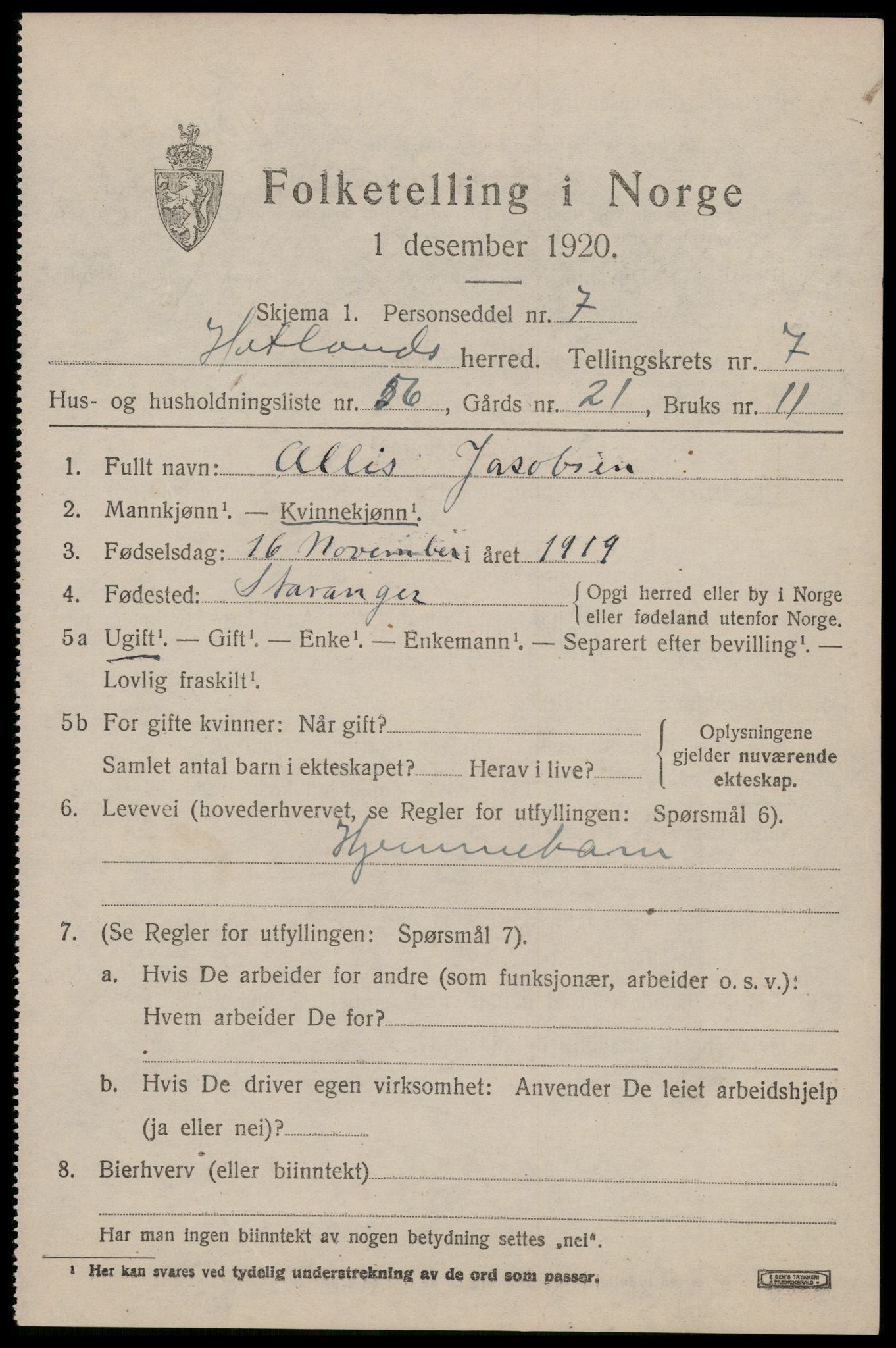 SAST, 1920 census for Hetland, 1920, p. 14667