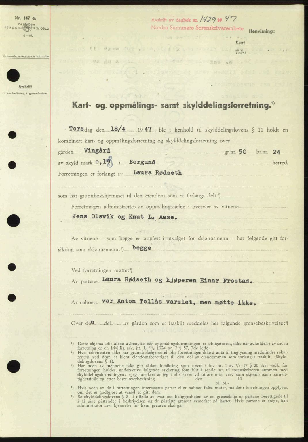 Nordre Sunnmøre sorenskriveri, AV/SAT-A-0006/1/2/2C/2Ca: Mortgage book no. A25, 1947-1947, Diary no: : 1429/1947