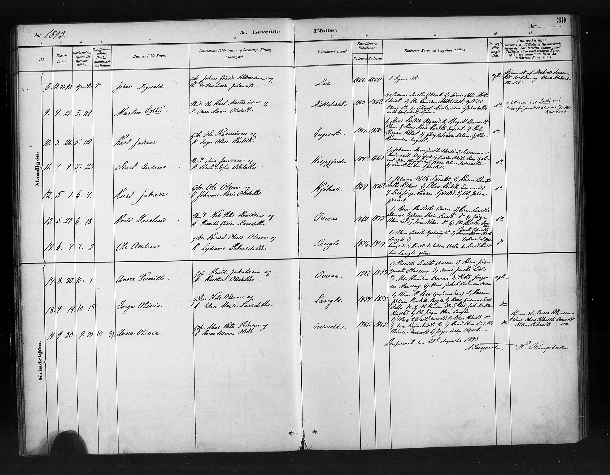 Ministerialprotokoller, klokkerbøker og fødselsregistre - Møre og Romsdal, SAT/A-1454/520/L0283: Parish register (official) no. 520A12, 1882-1898, p. 39