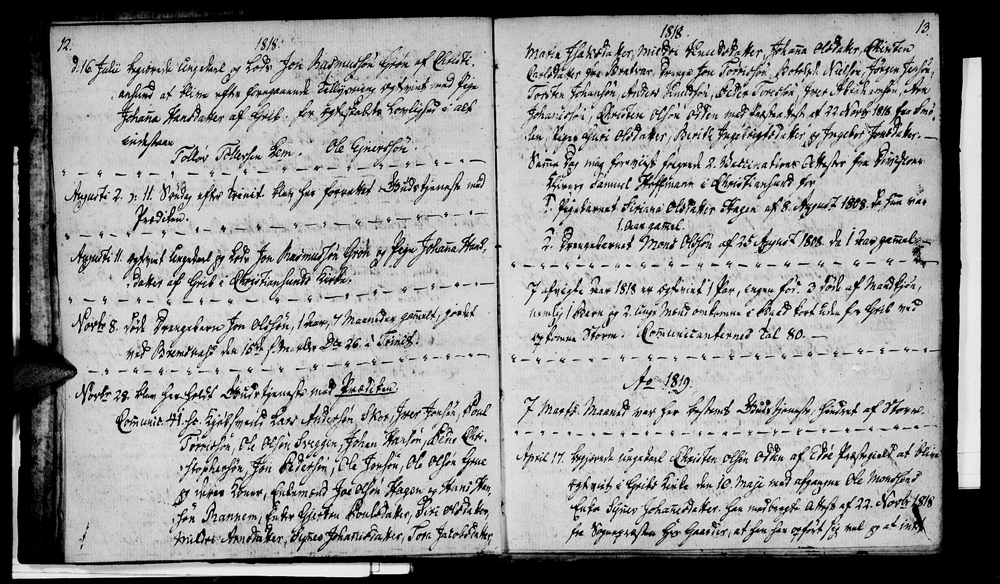 Ministerialprotokoller, klokkerbøker og fødselsregistre - Møre og Romsdal, SAT/A-1454/574/L0877: Parish register (official) no. 574A03, 1814-1832, p. 12-13