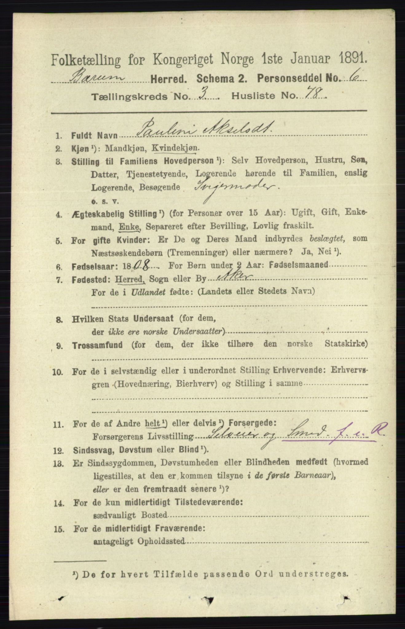 RA, 1891 census for 0219 Bærum, 1891, p. 2400