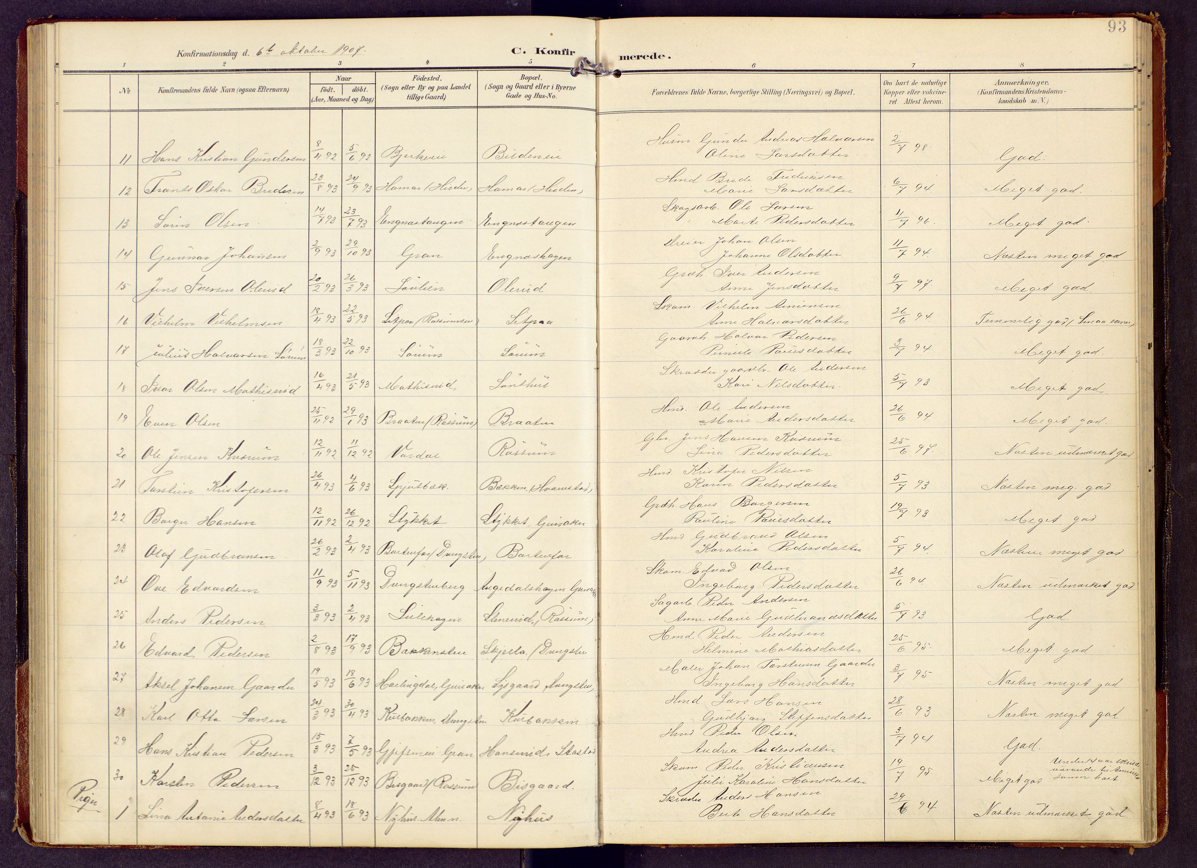 Brandbu prestekontor, SAH/PREST-114/H/Ha/Hab/L0009: Parish register (copy) no. 9, 1903-1916, p. 93