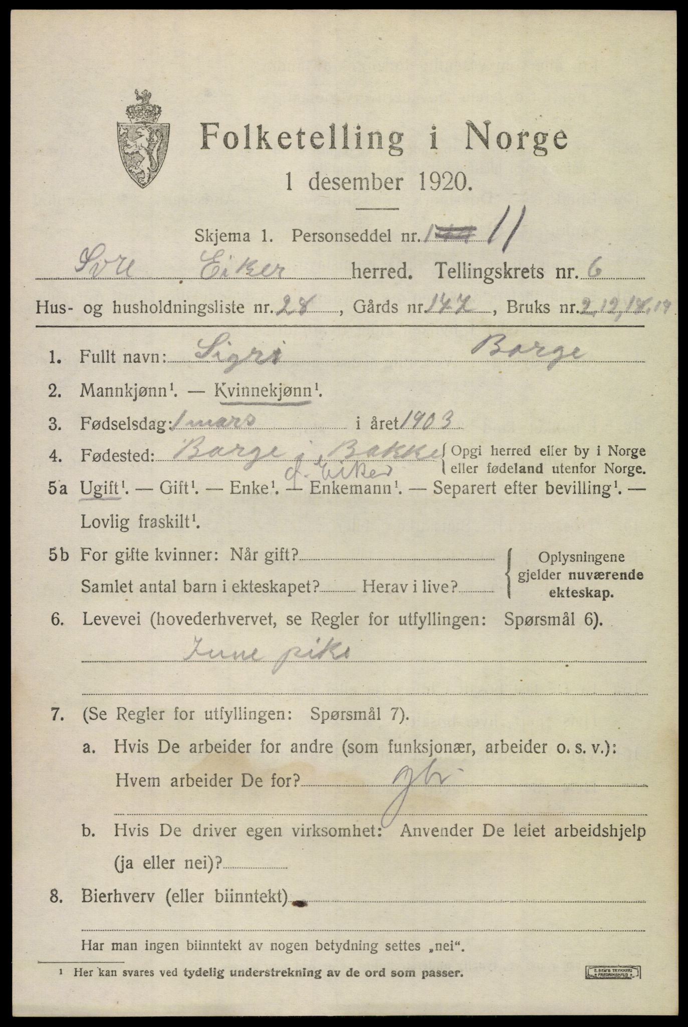 SAKO, 1920 census for Øvre Eiker, 1920, p. 13058