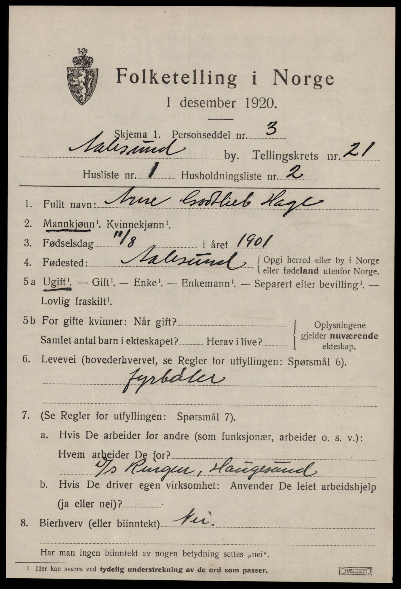 SAT, 1920 census for Ålesund, 1920, p. 39430