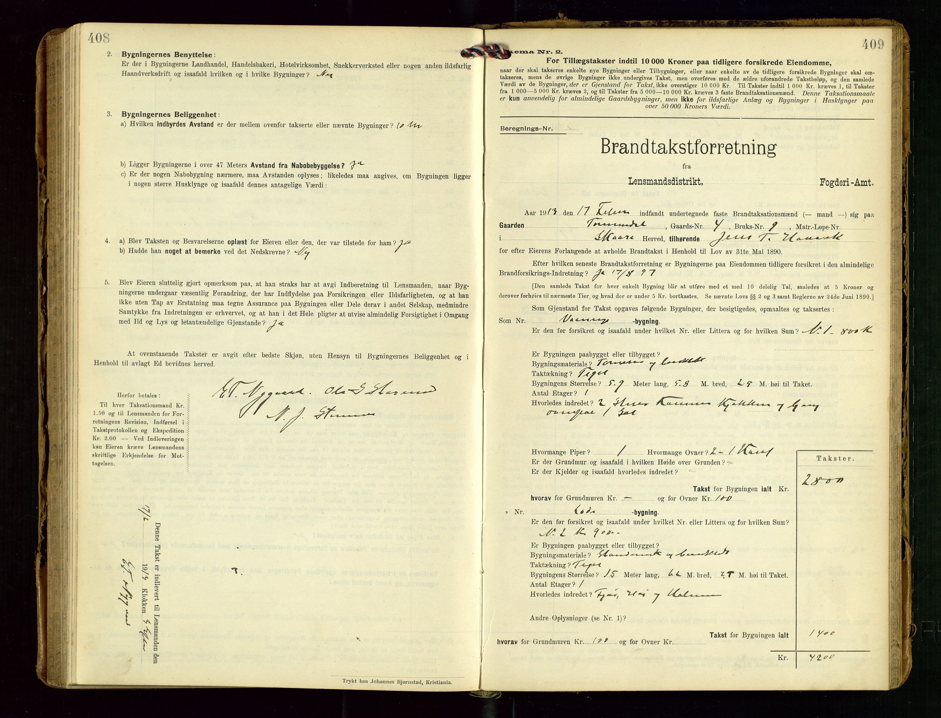 Torvestad lensmannskontor, AV/SAST-A-100307/1/Gob/L0004: "Brandtaxationsprotokol for Torvestad Lensmannsdistrikt", 1909-1923, p. 408-409