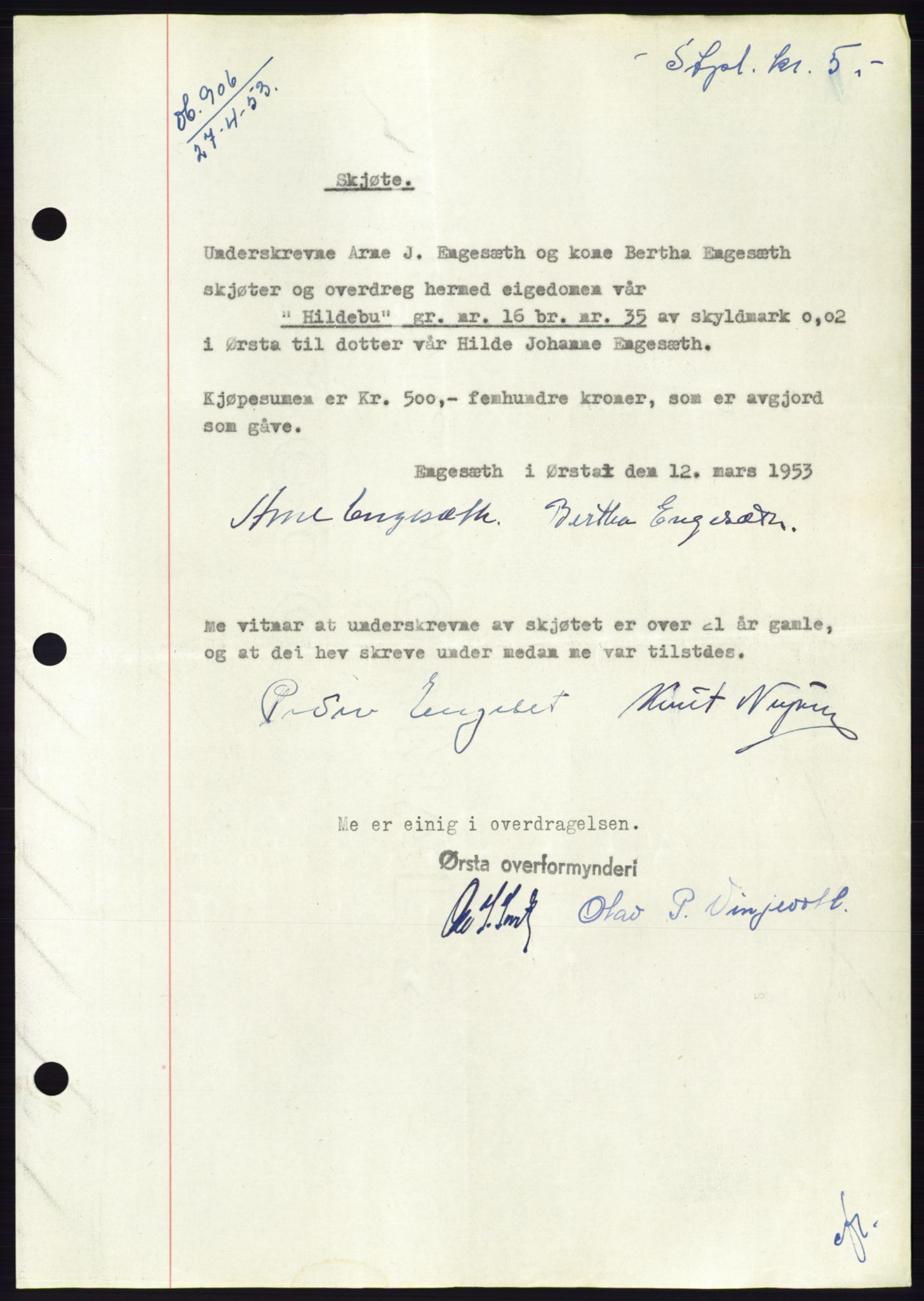 Søre Sunnmøre sorenskriveri, AV/SAT-A-4122/1/2/2C/L0094: Mortgage book no. 20A, 1953-1953, Diary no: : 906/1953