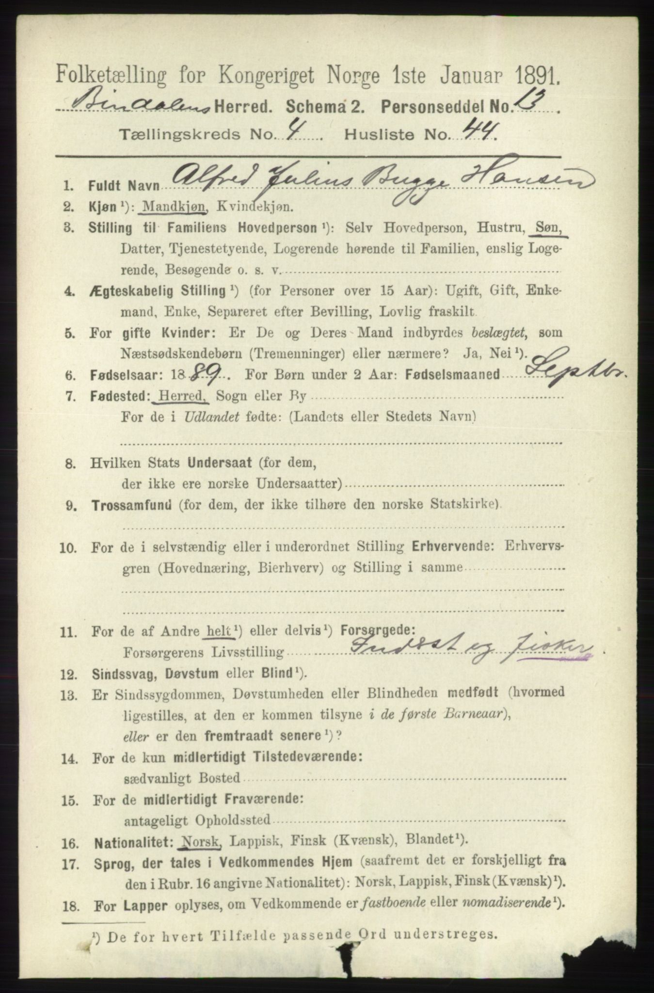 RA, 1891 census for 1811 Bindal, 1891, p. 1295