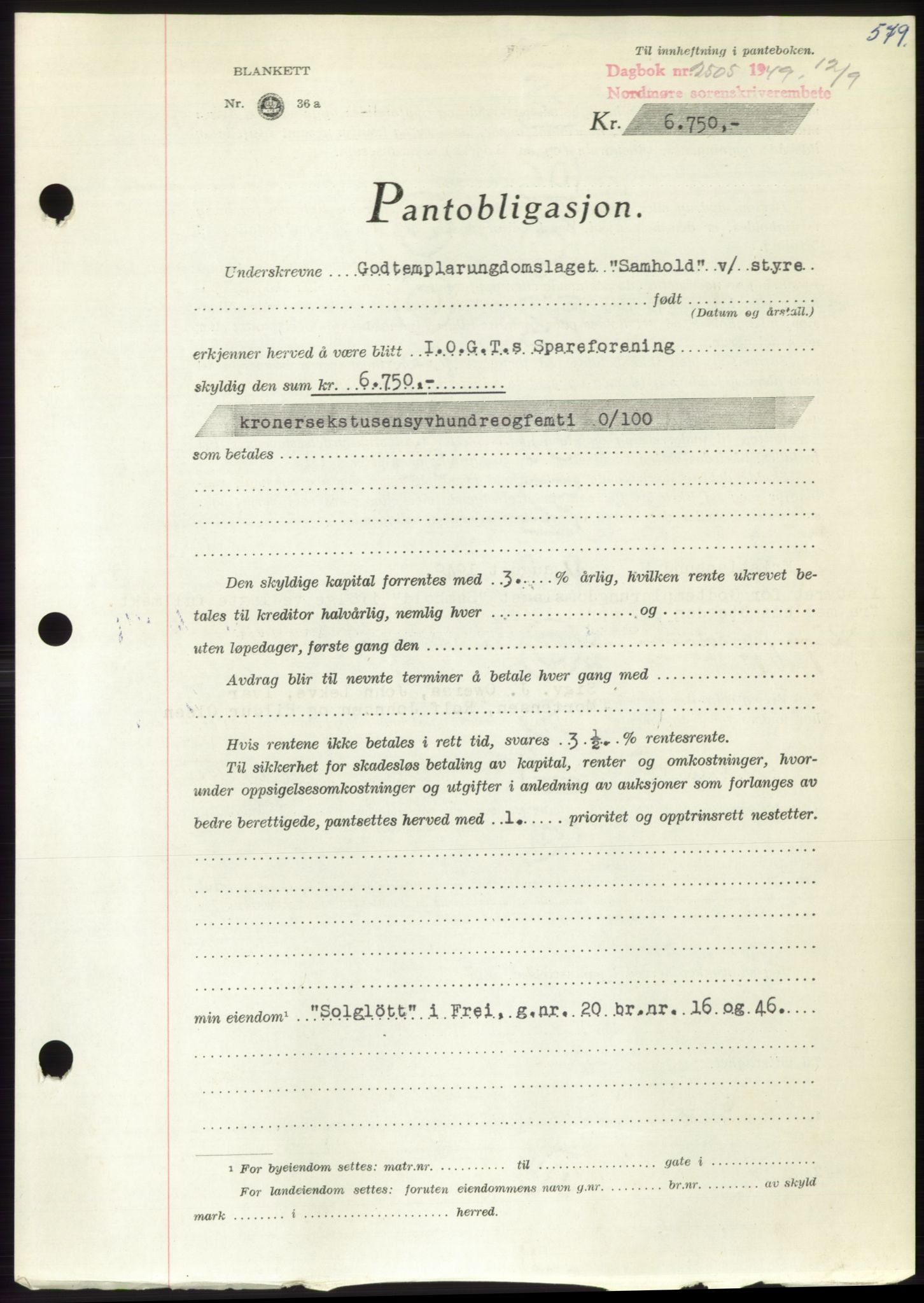 Nordmøre sorenskriveri, AV/SAT-A-4132/1/2/2Ca: Mortgage book no. B102, 1949-1949, Diary no: : 2505/1949