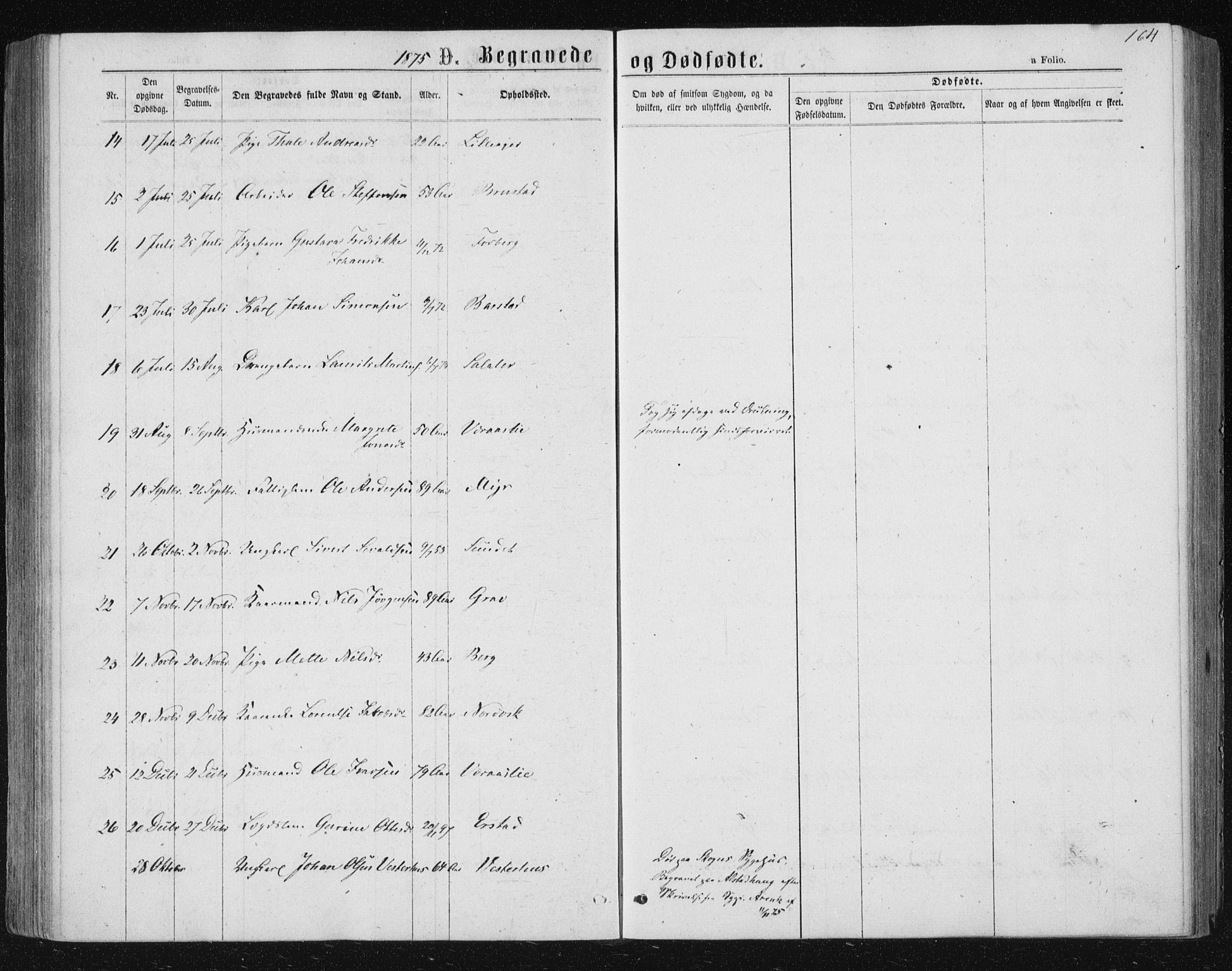 Ministerialprotokoller, klokkerbøker og fødselsregistre - Nord-Trøndelag, AV/SAT-A-1458/722/L0219: Parish register (official) no. 722A06, 1868-1880, p. 164