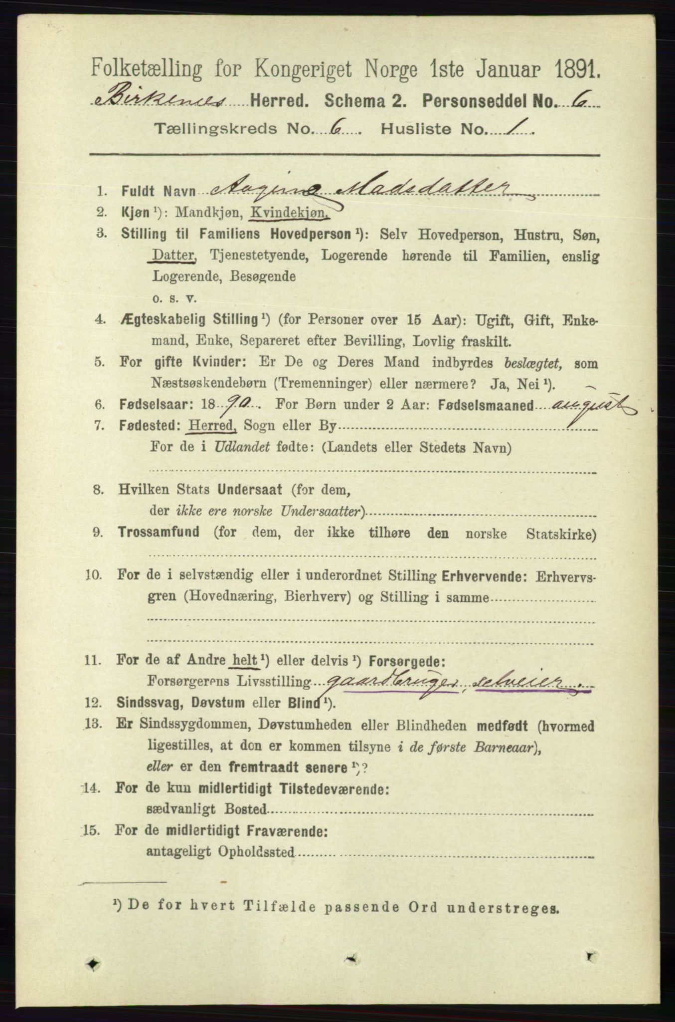 RA, 1891 Census for 0928 Birkenes, 1891, p. 1800