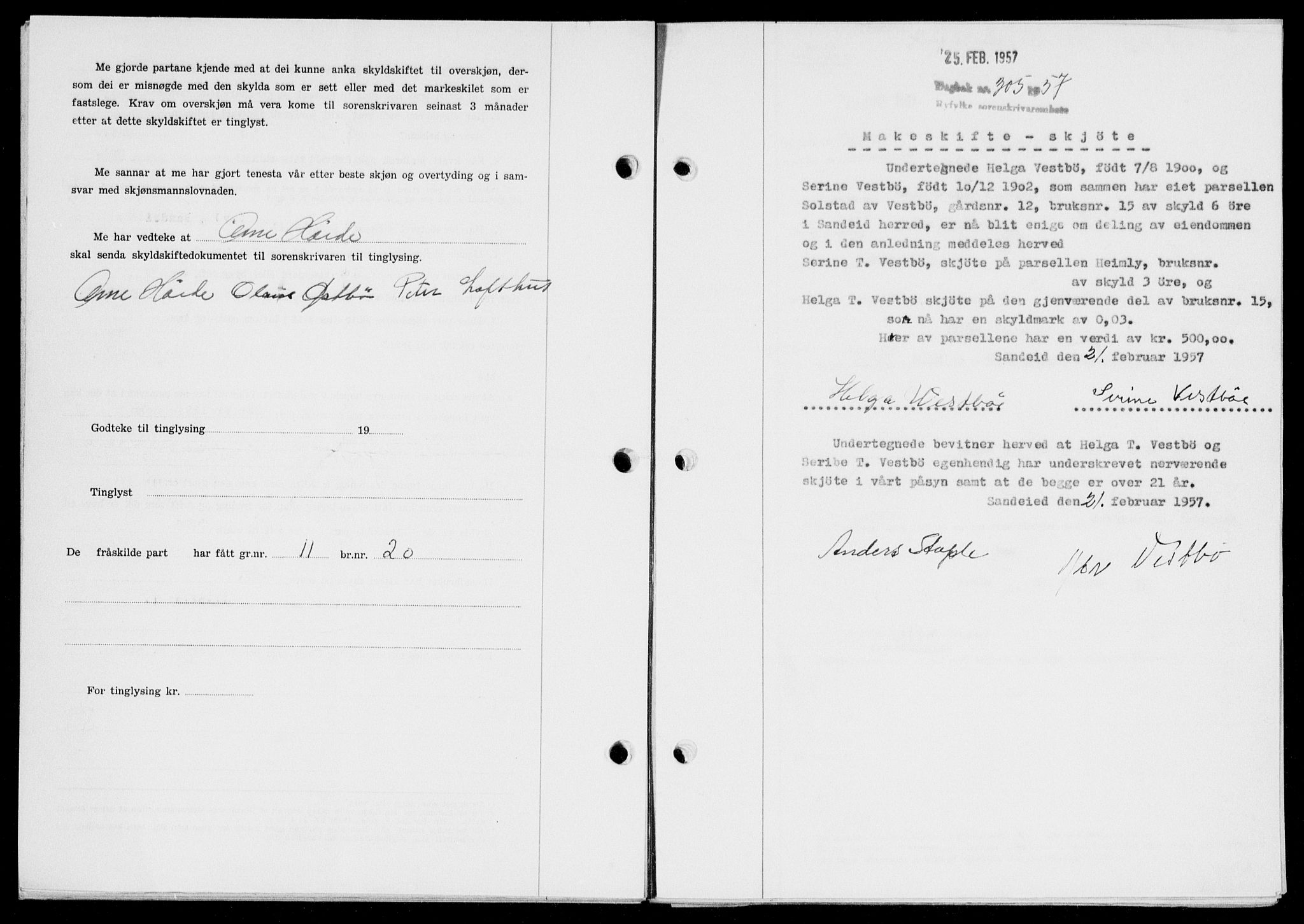 Ryfylke tingrett, AV/SAST-A-100055/001/II/IIB/L0135: Mortgage book no. 114, 1956-1957, Diary no: : 305/1957