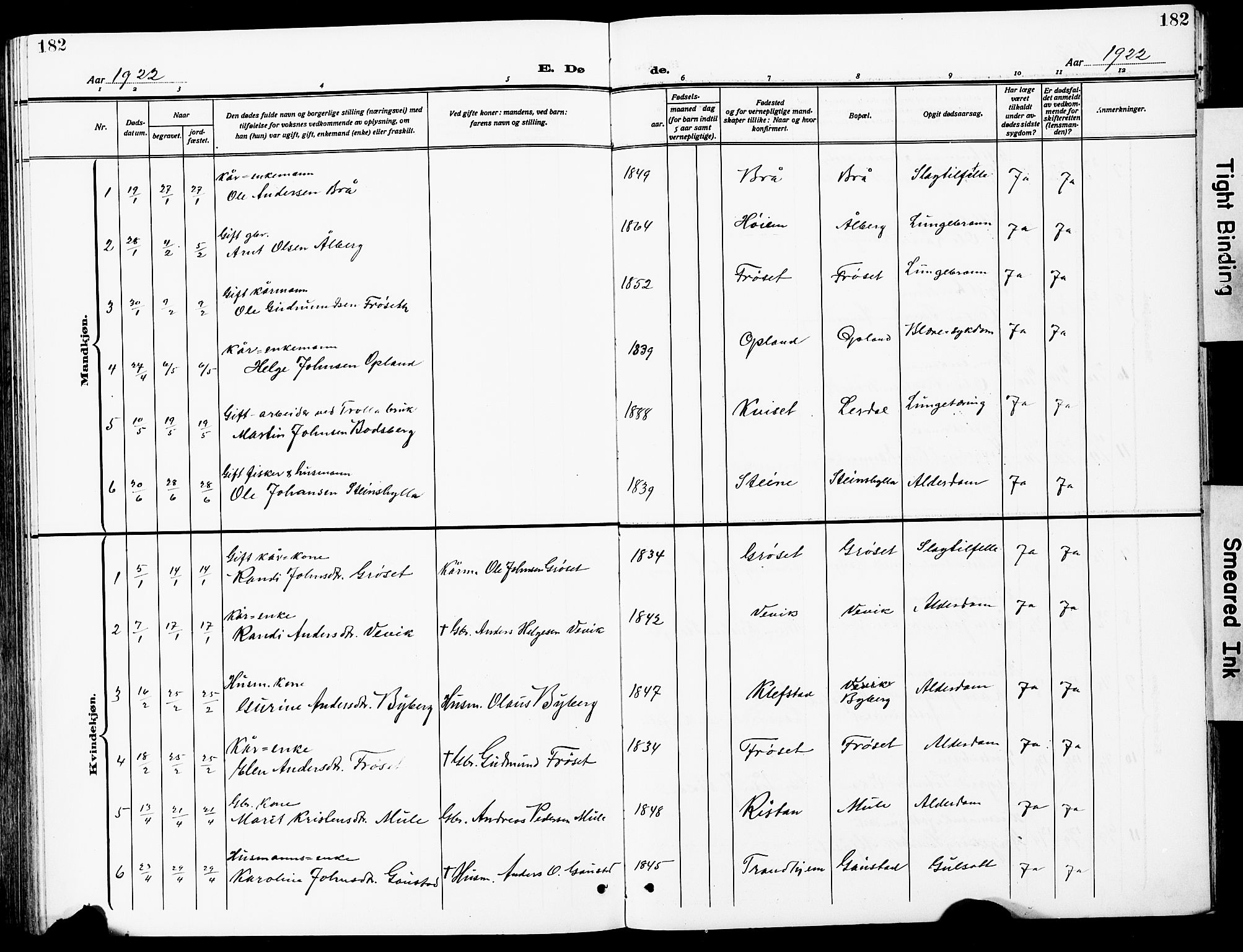 Ministerialprotokoller, klokkerbøker og fødselsregistre - Sør-Trøndelag, SAT/A-1456/612/L0388: Parish register (copy) no. 612C04, 1909-1929, p. 182