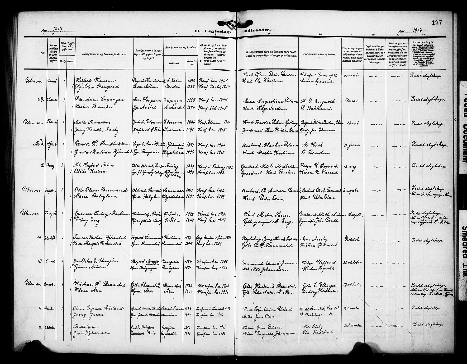 Østre Toten prestekontor, SAH/PREST-104/H/Ha/Hab/L0008: Parish register (copy) no. 8, 1913-1929, p. 177