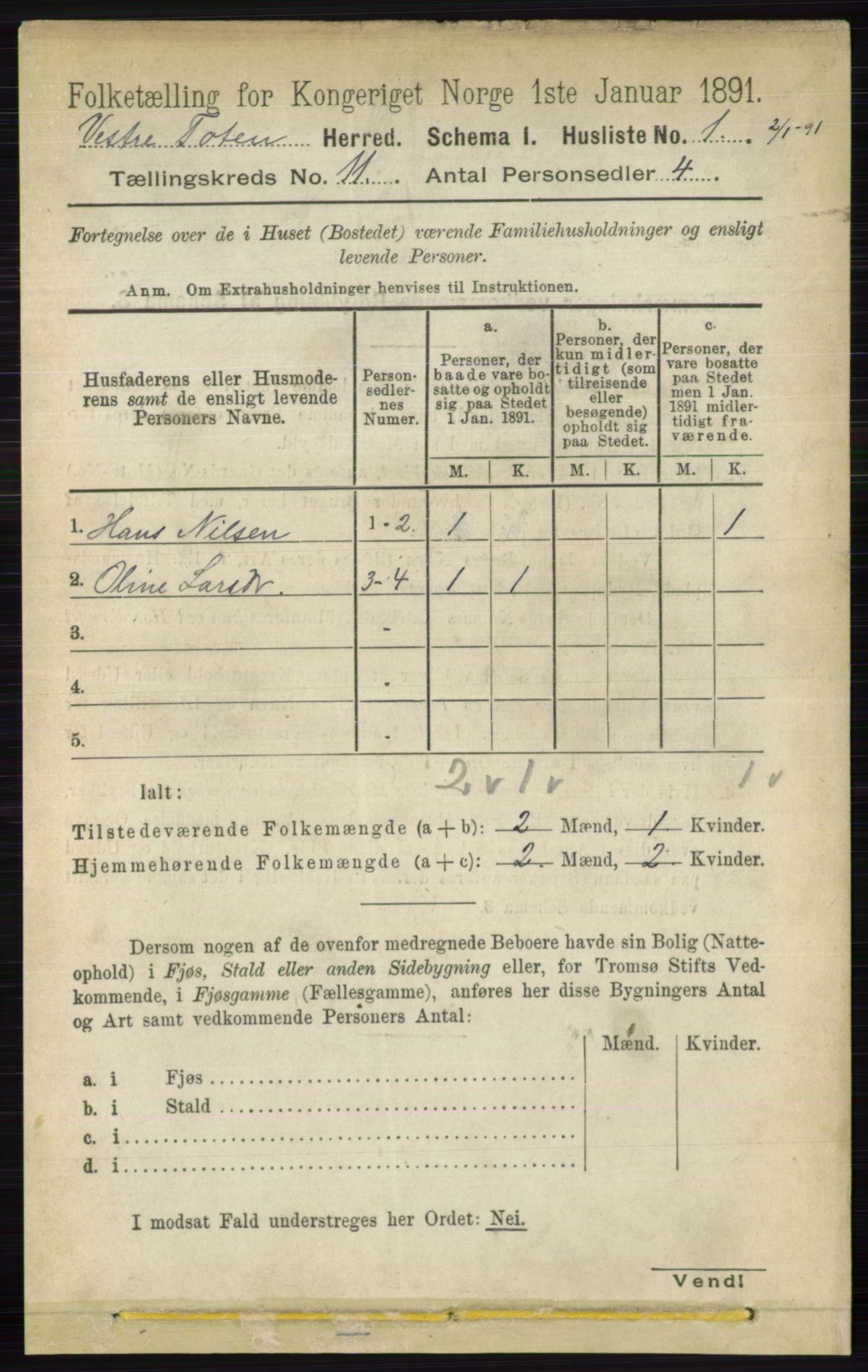 RA, 1891 census for 0529 Vestre Toten, 1891, p. 6620