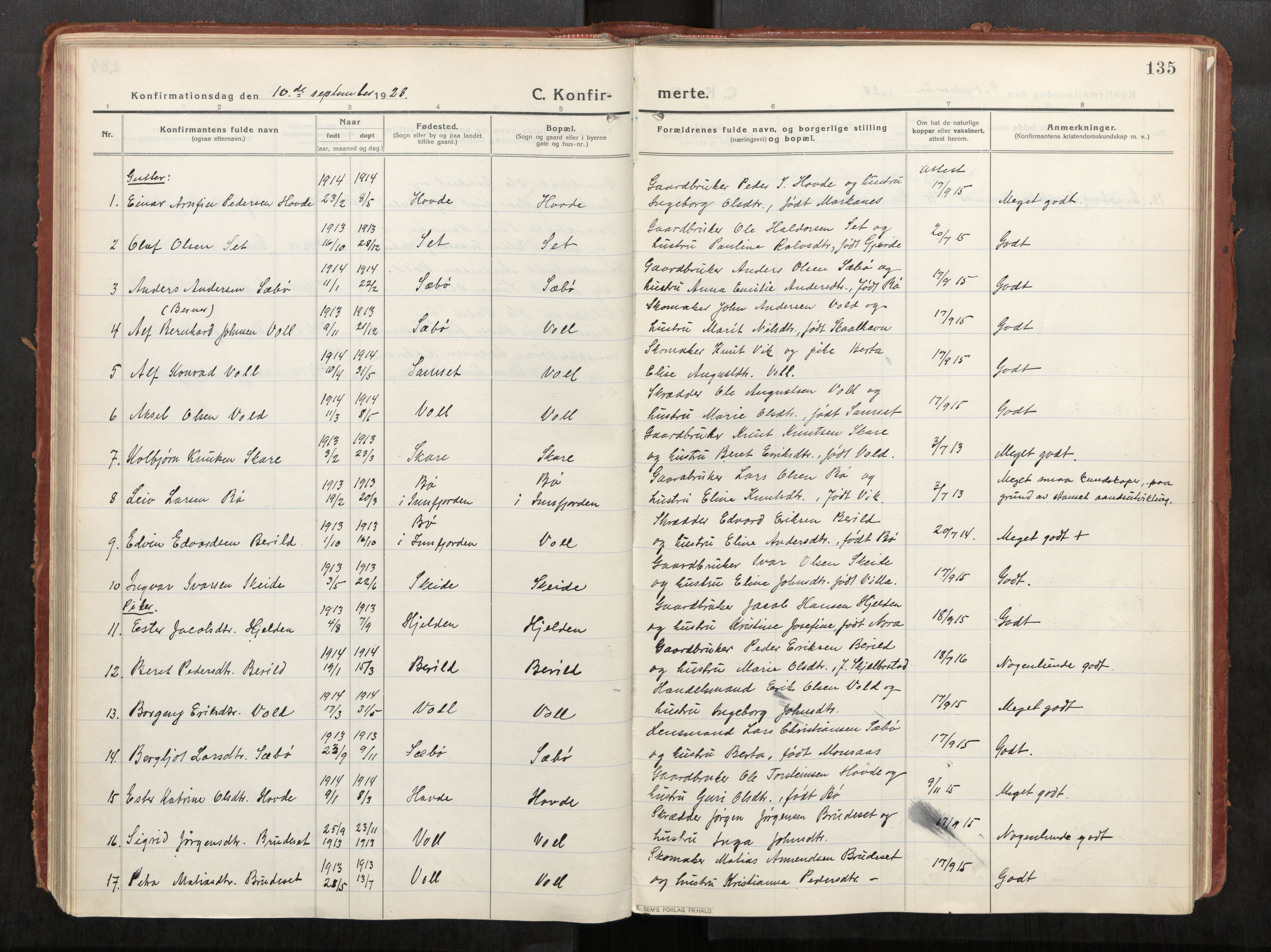 Eid sokneprestkontor, AV/SAT-A-1254: Parish register (official) no. 543A04, 1916-1956, p. 135