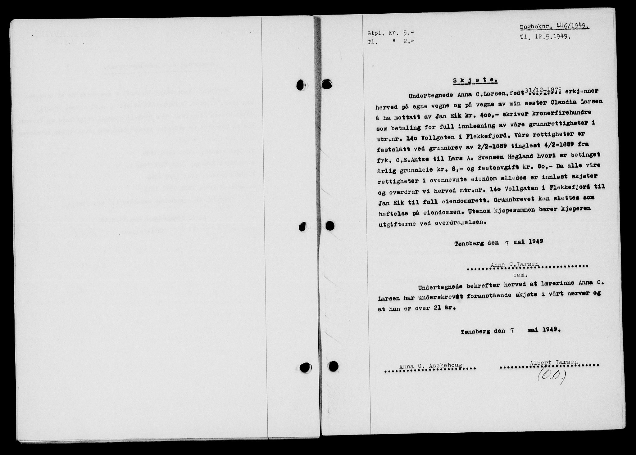 Flekkefjord sorenskriveri, SAK/1221-0001/G/Gb/Gba/L0065: Mortgage book no. A-13, 1949-1949, Diary no: : 446/1949