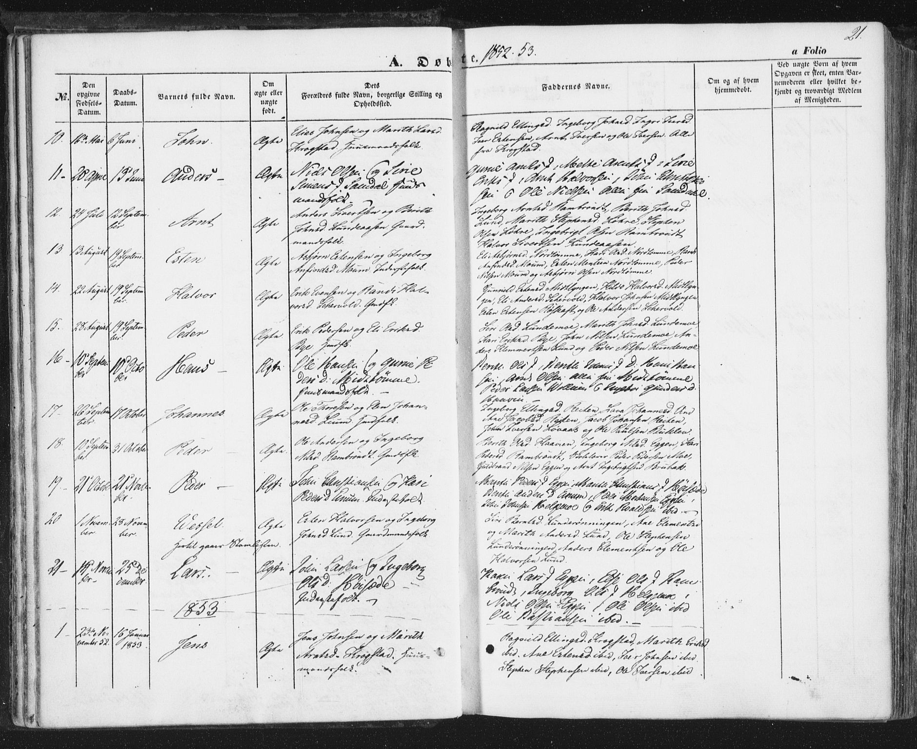 Ministerialprotokoller, klokkerbøker og fødselsregistre - Sør-Trøndelag, SAT/A-1456/692/L1103: Parish register (official) no. 692A03, 1849-1870, p. 21