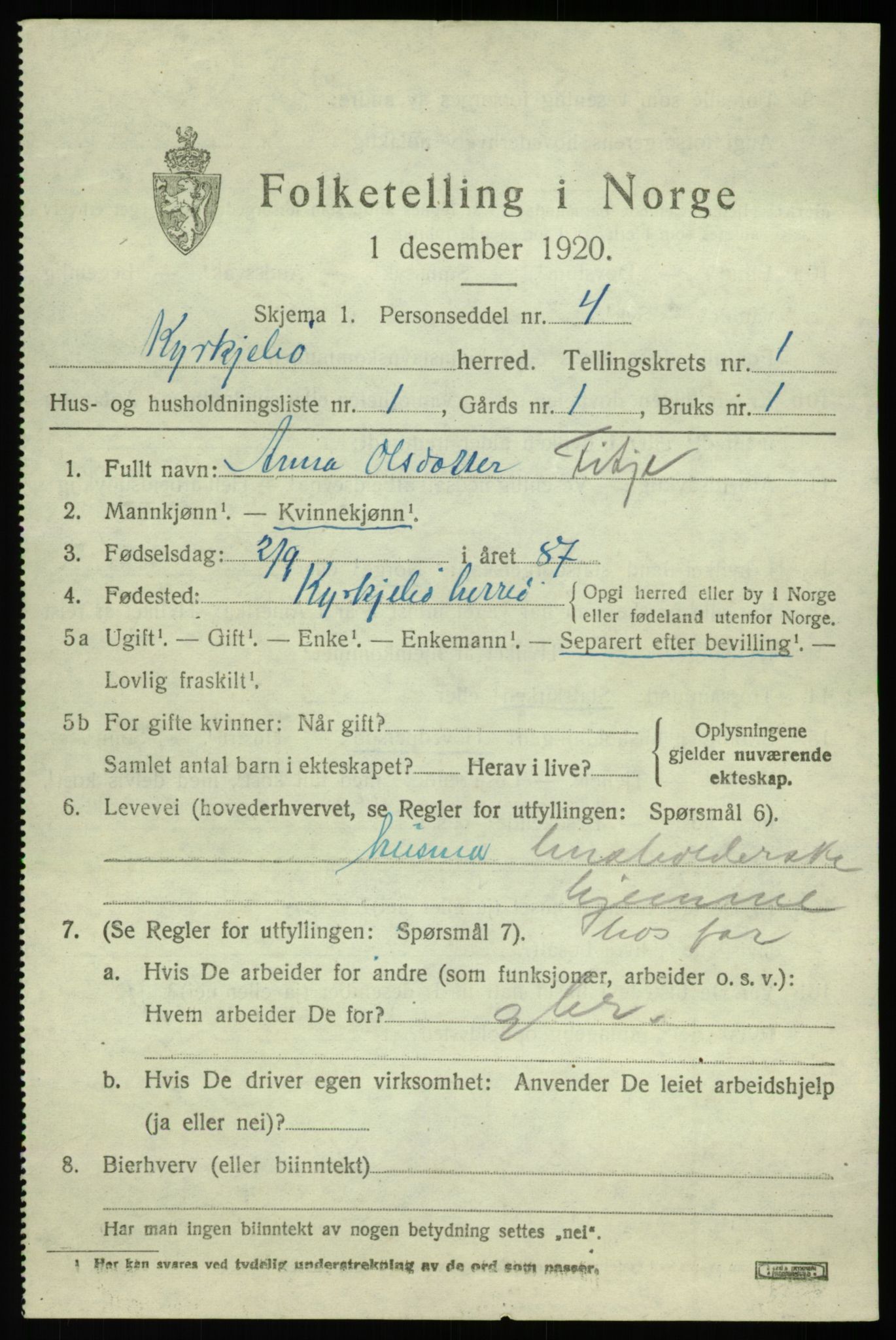 SAB, 1920 census for Kyrkjebø, 1920, p. 739
