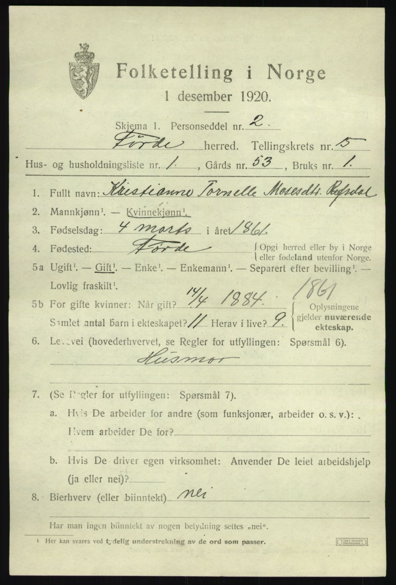 SAB, 1920 census for Førde, 1920, p. 5146